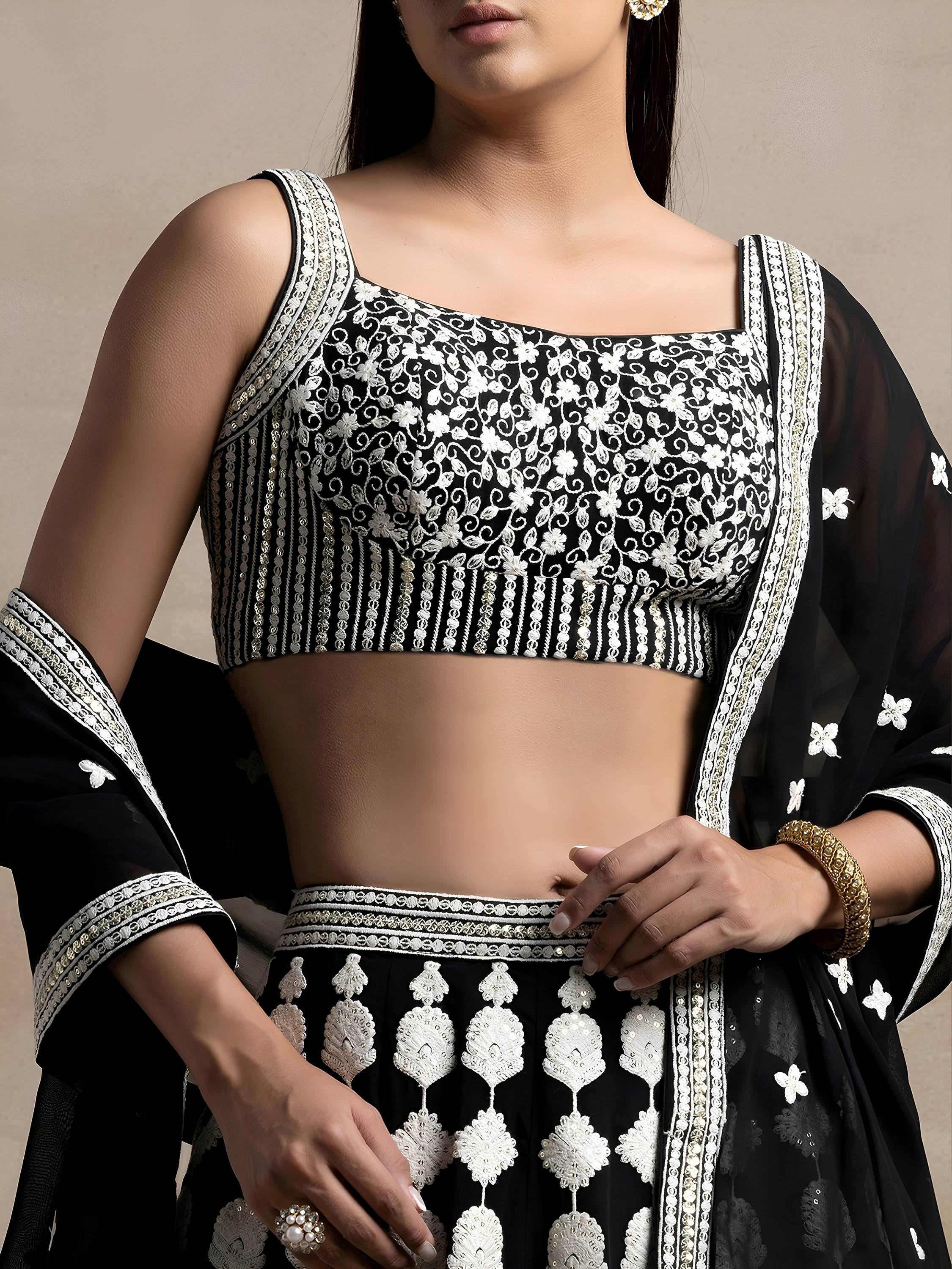 Black Incredible Thread Embroidered Georgette Lehenga Choli