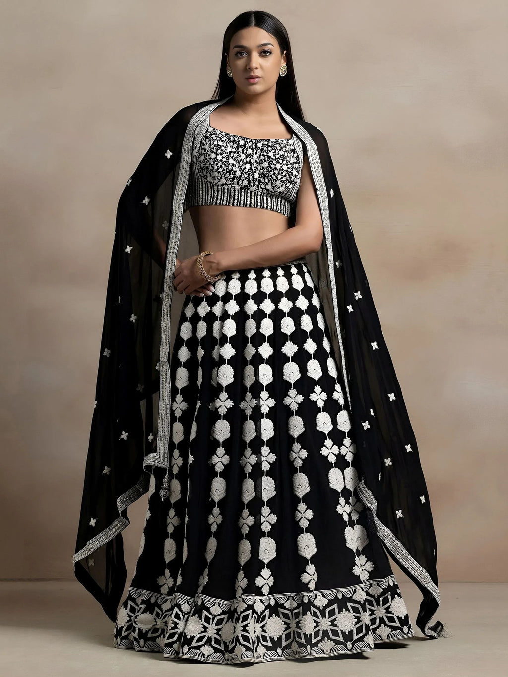 Black Incredible Thread Embroidered Georgette Lehenga Choli