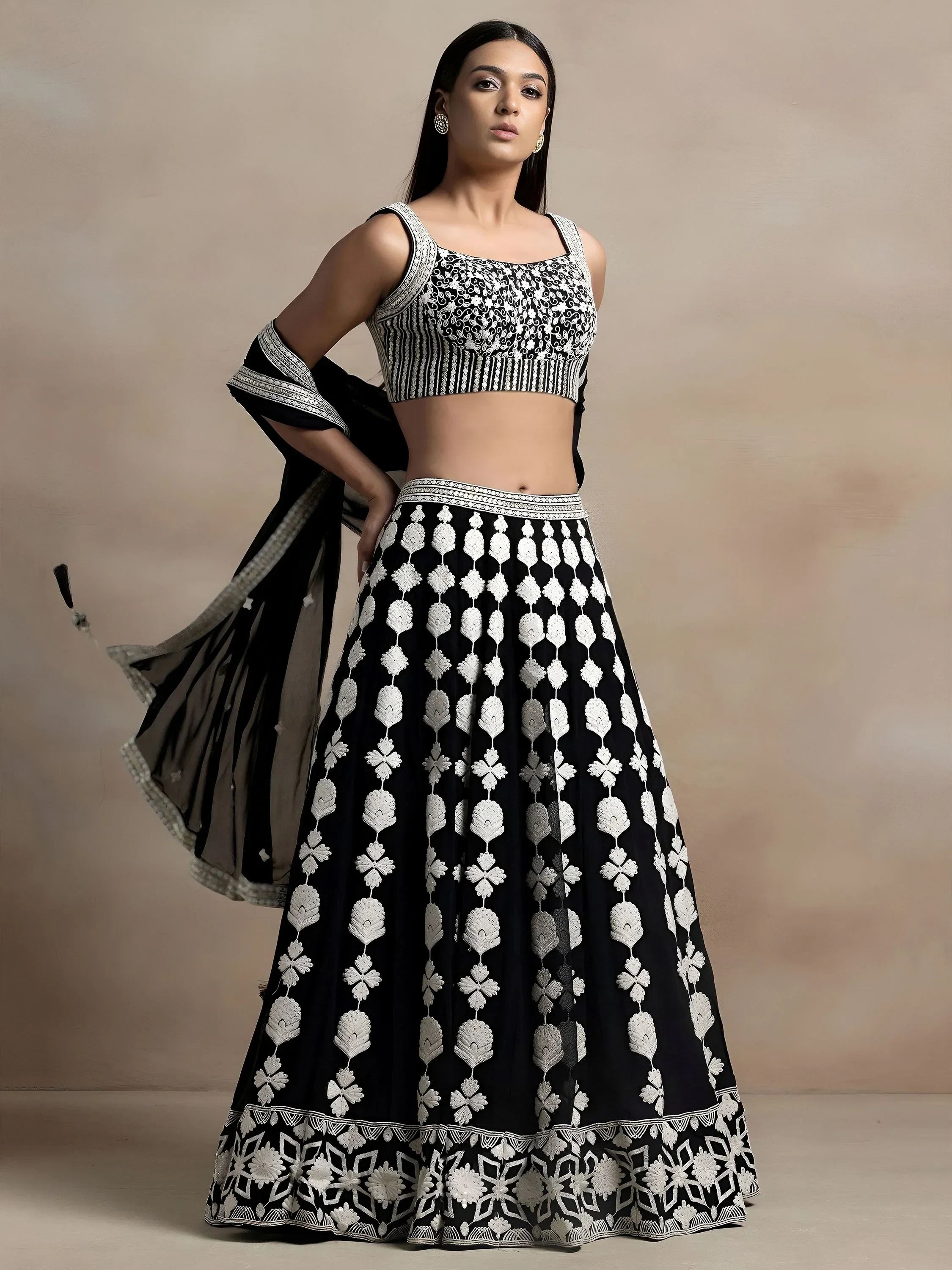 Black Incredible Thread Embroidered Georgette Lehenga Choli