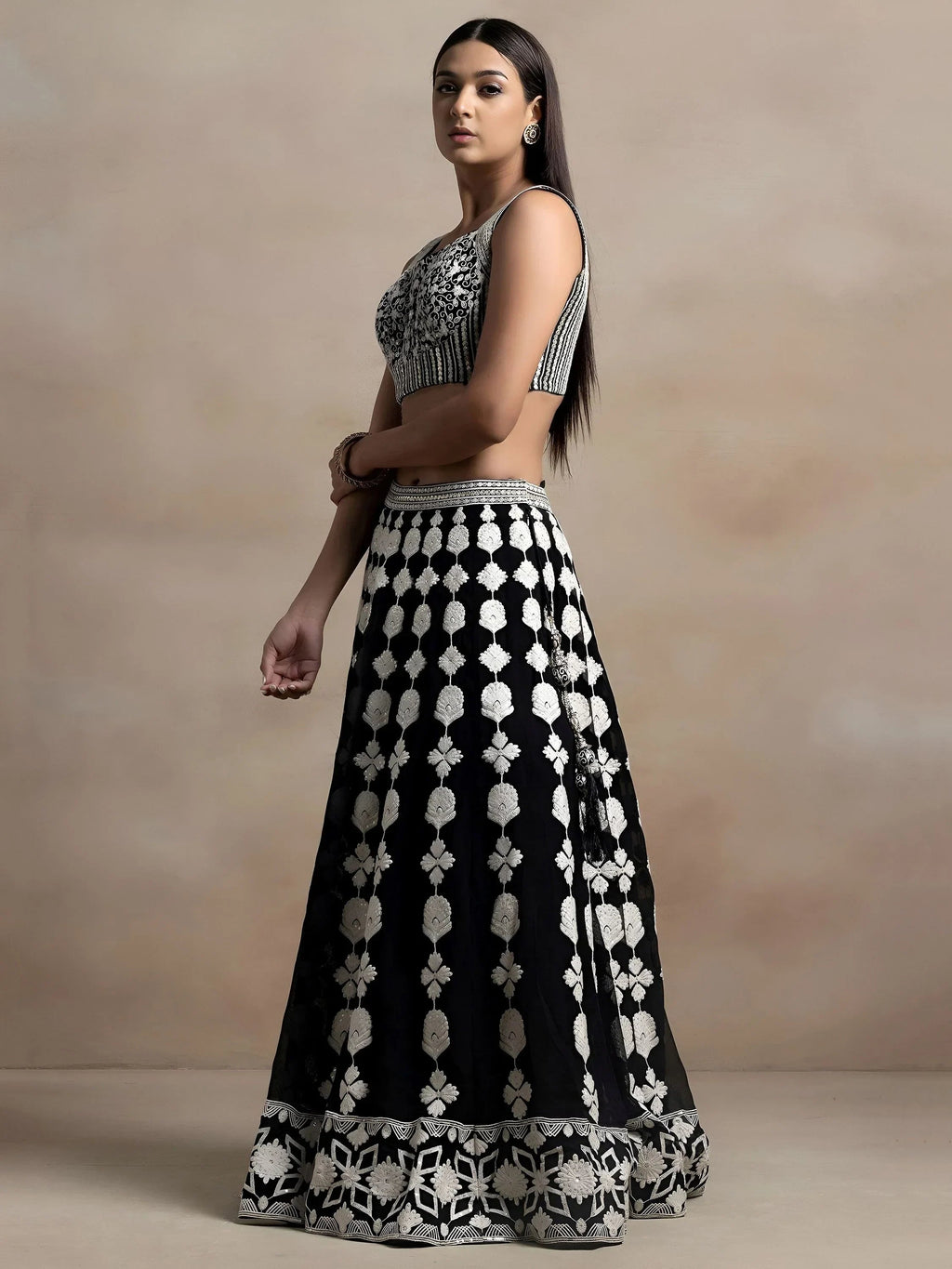 Black Incredible Thread Embroidered Georgette Lehenga Choli