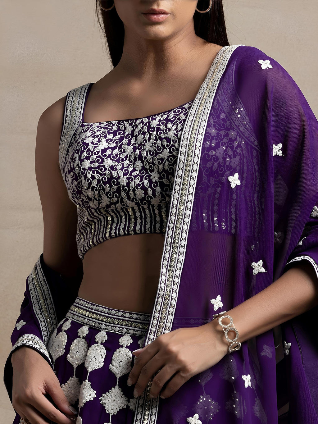 Purple Incredible Thread Embroidered Georgette Lehenga Choli