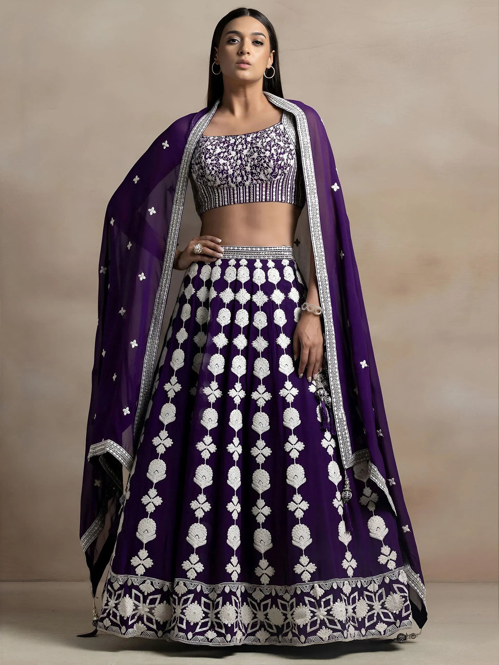 Purple Incredible Thread Embroidered Georgette Lehenga Choli
