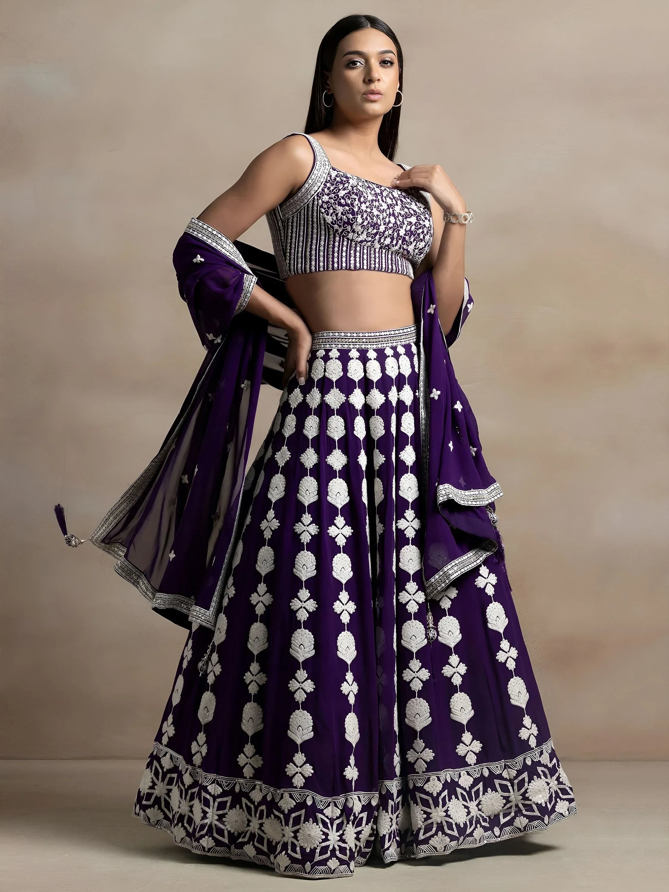 Purple Incredible Thread Embroidered Georgette Lehenga Choli