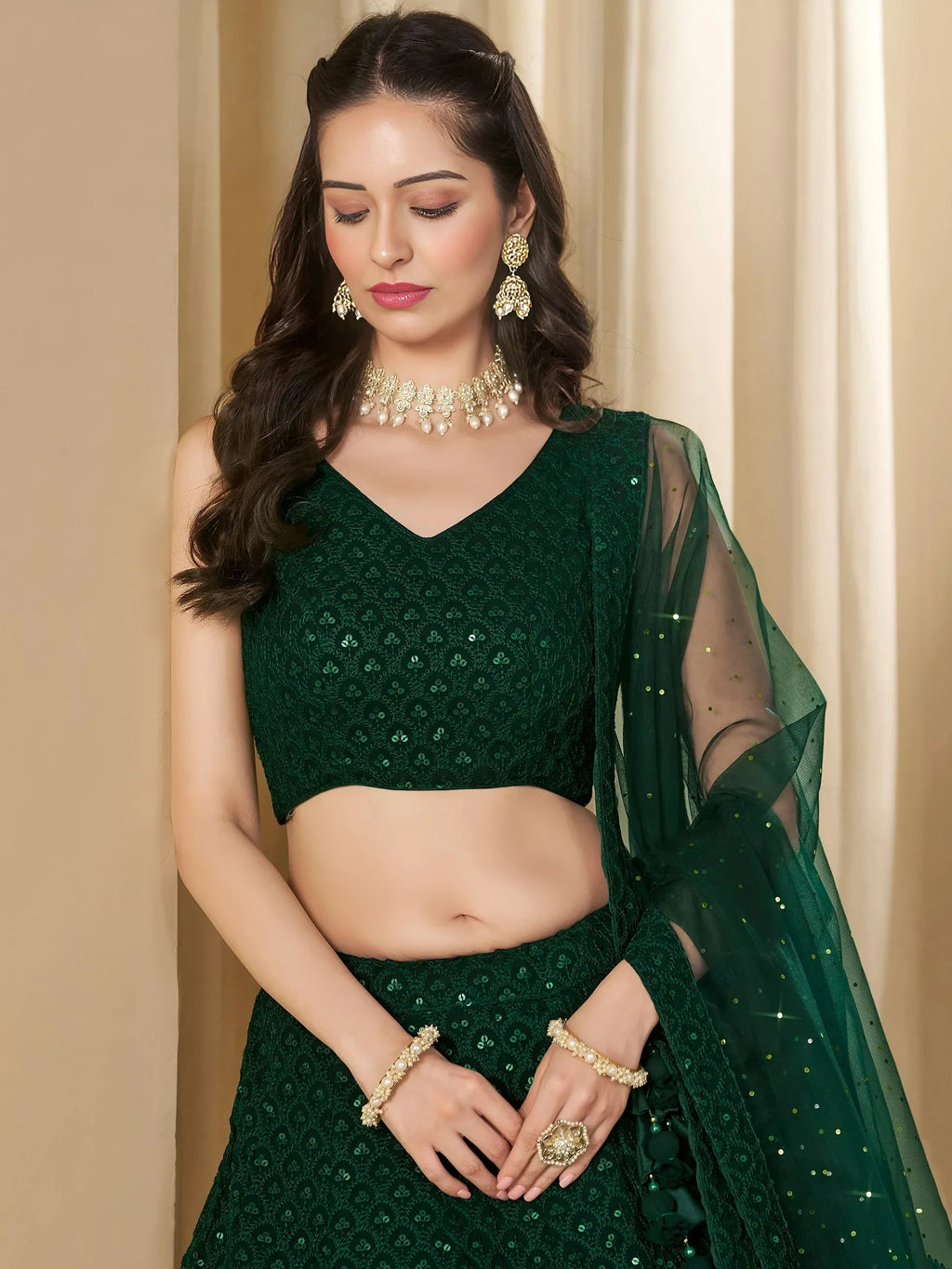 Bottle Green Sweet Sequins Georgette Reception Wear Lehenga Choli