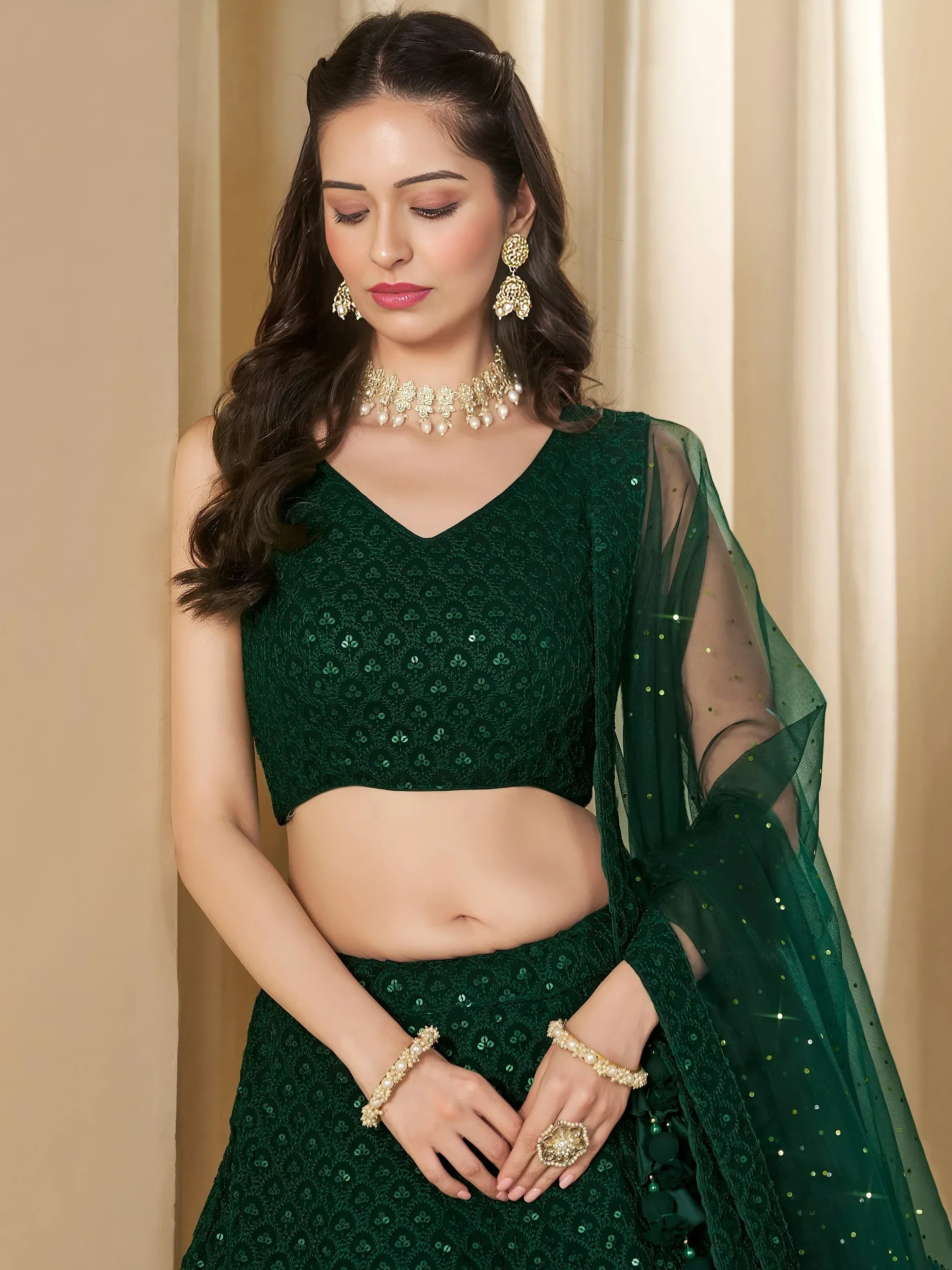 Bottle Green Sweet Sequins Georgette Reception Wear Lehenga Choli