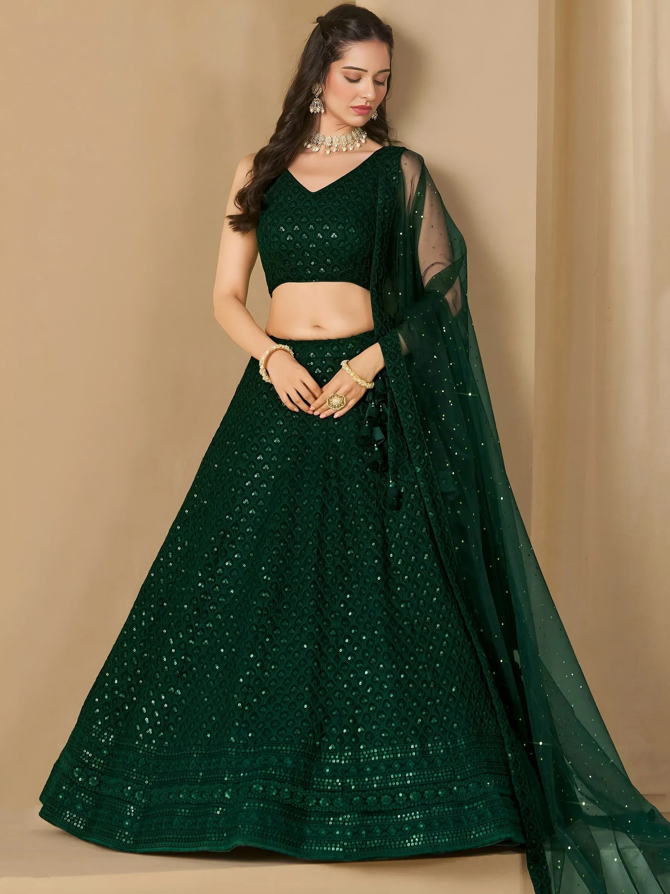 Bottle Green Sweet Sequins Georgette Reception Wear Lehenga Choli