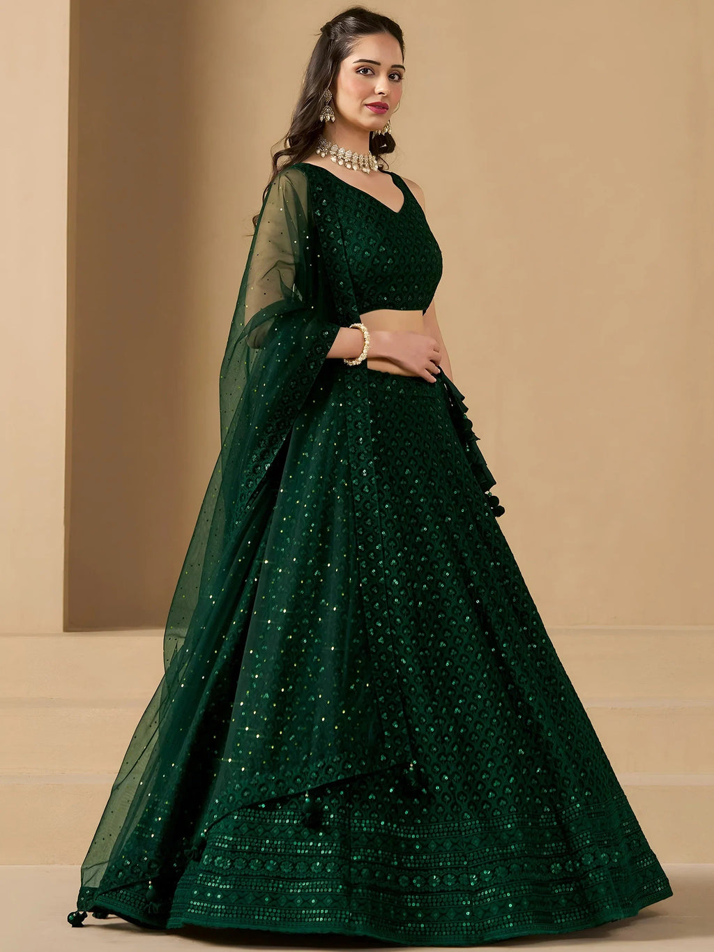 Bottle Green Sweet Sequins Georgette Reception Wear Lehenga Choli