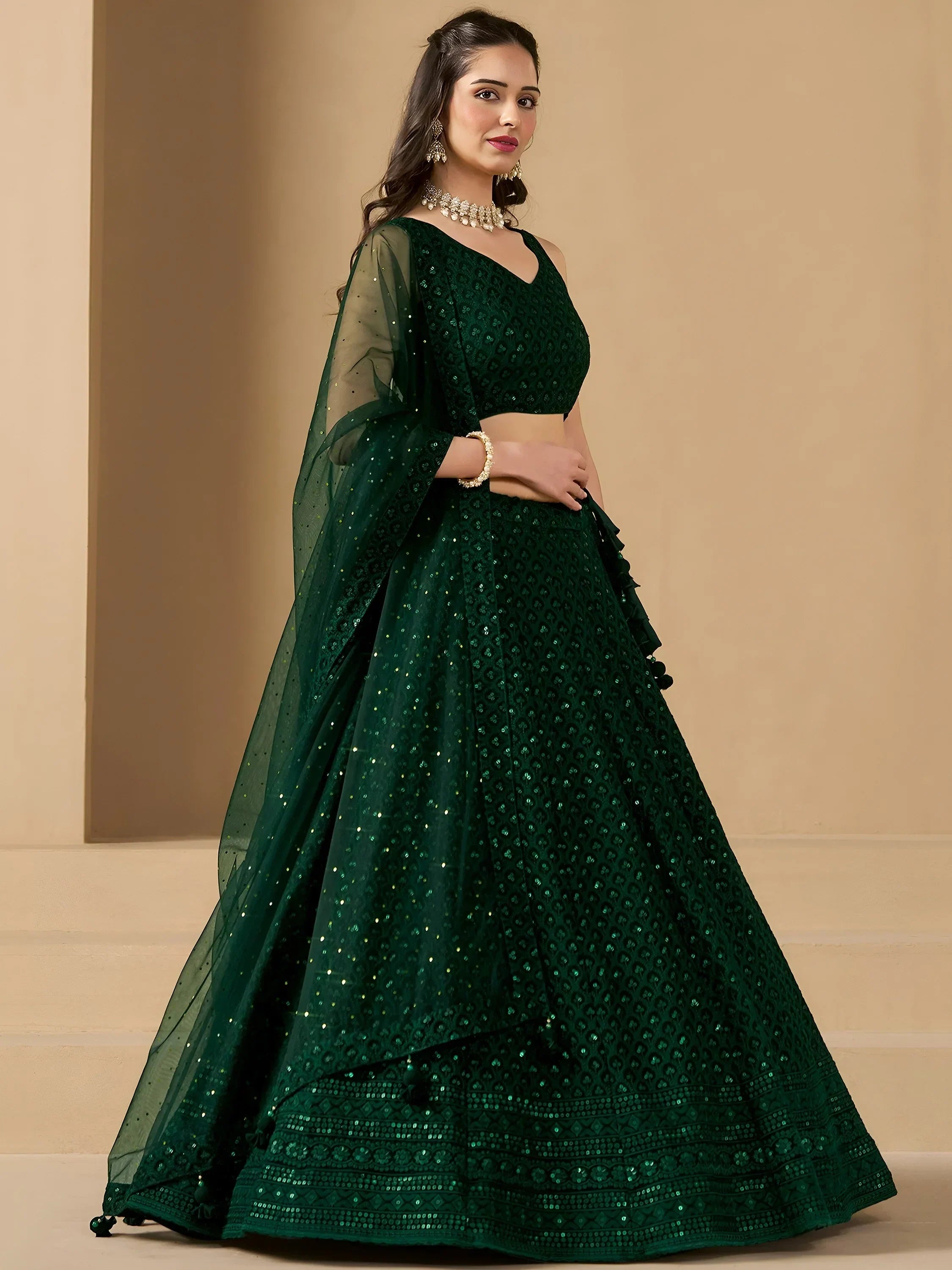 Bottle Green Sweet Sequins Georgette Reception Wear Lehenga Choli