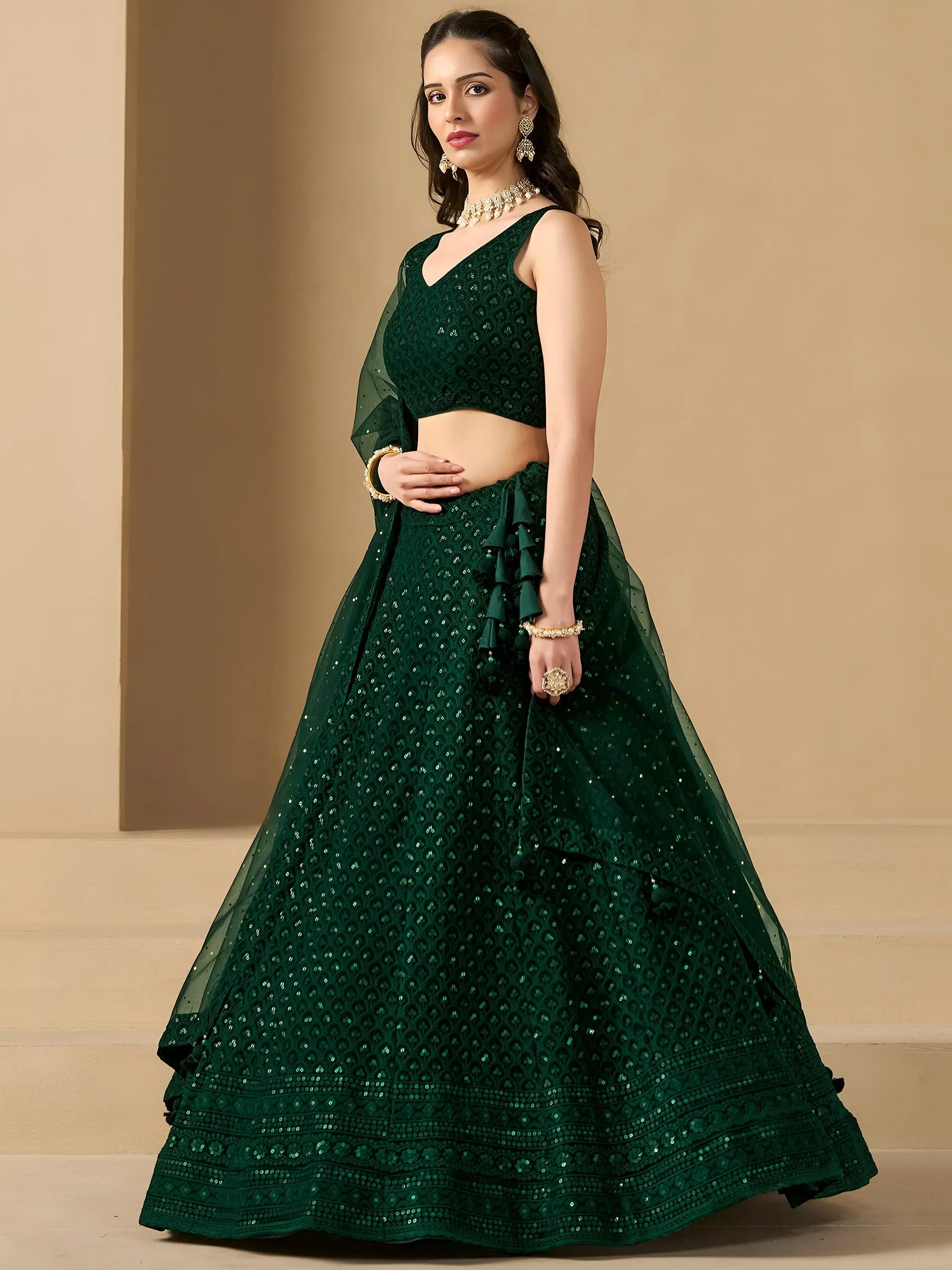 Bottle Green Sweet Sequins Georgette Reception Wear Lehenga Choli