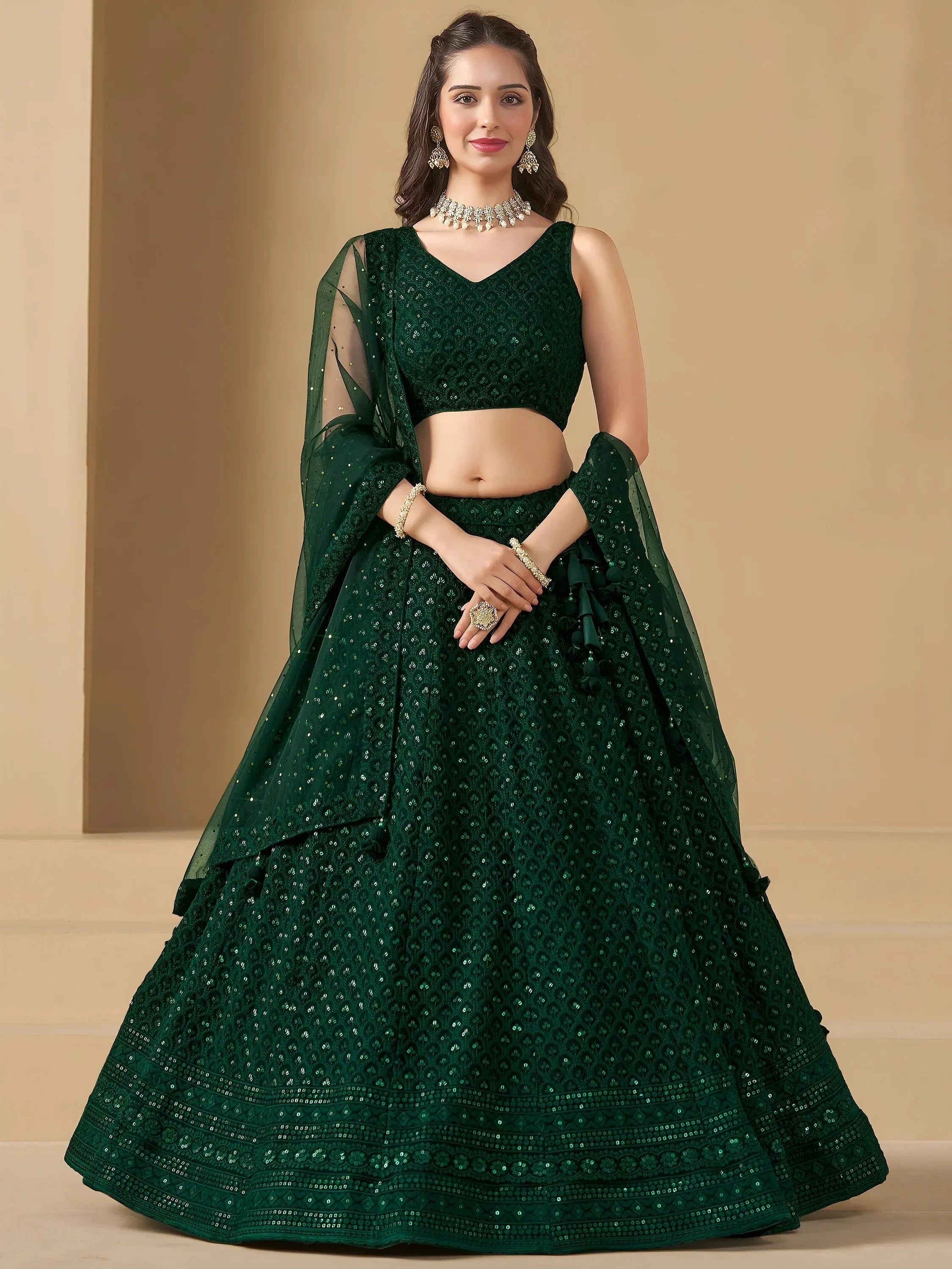 Bottle Green Sweet Sequins Georgette Reception Wear Lehenga Choli
