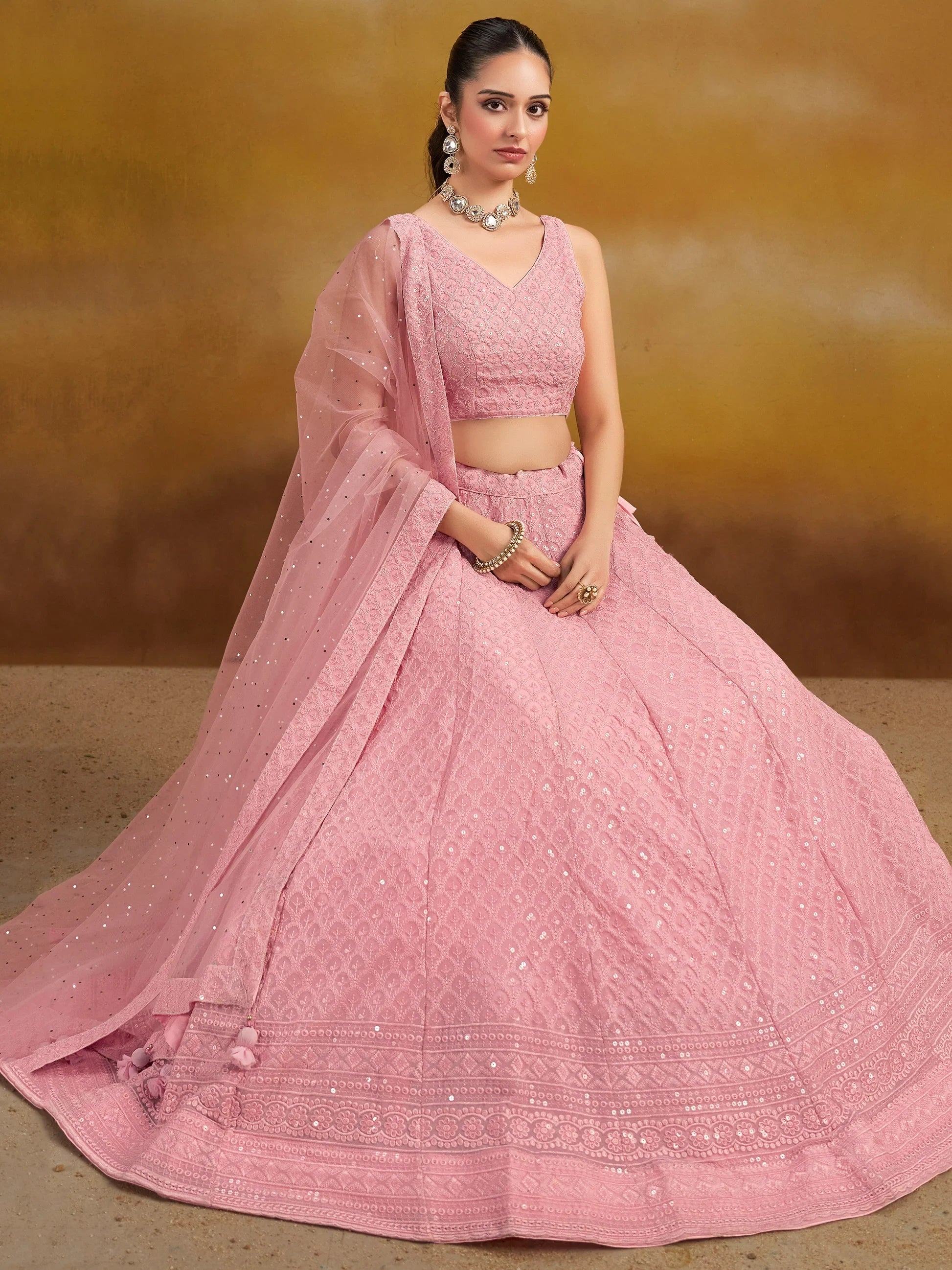 Pretty Pink Thread Work Georgette Bridesmaid Lehenga Choli With Dupatta