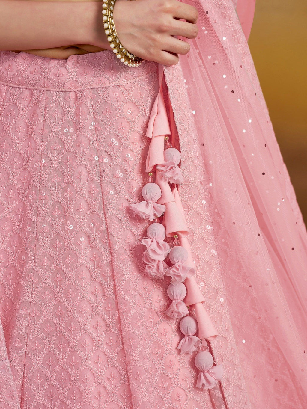 Pretty Pink Thread Work Georgette Bridesmaid Lehenga Choli With Dupatta
