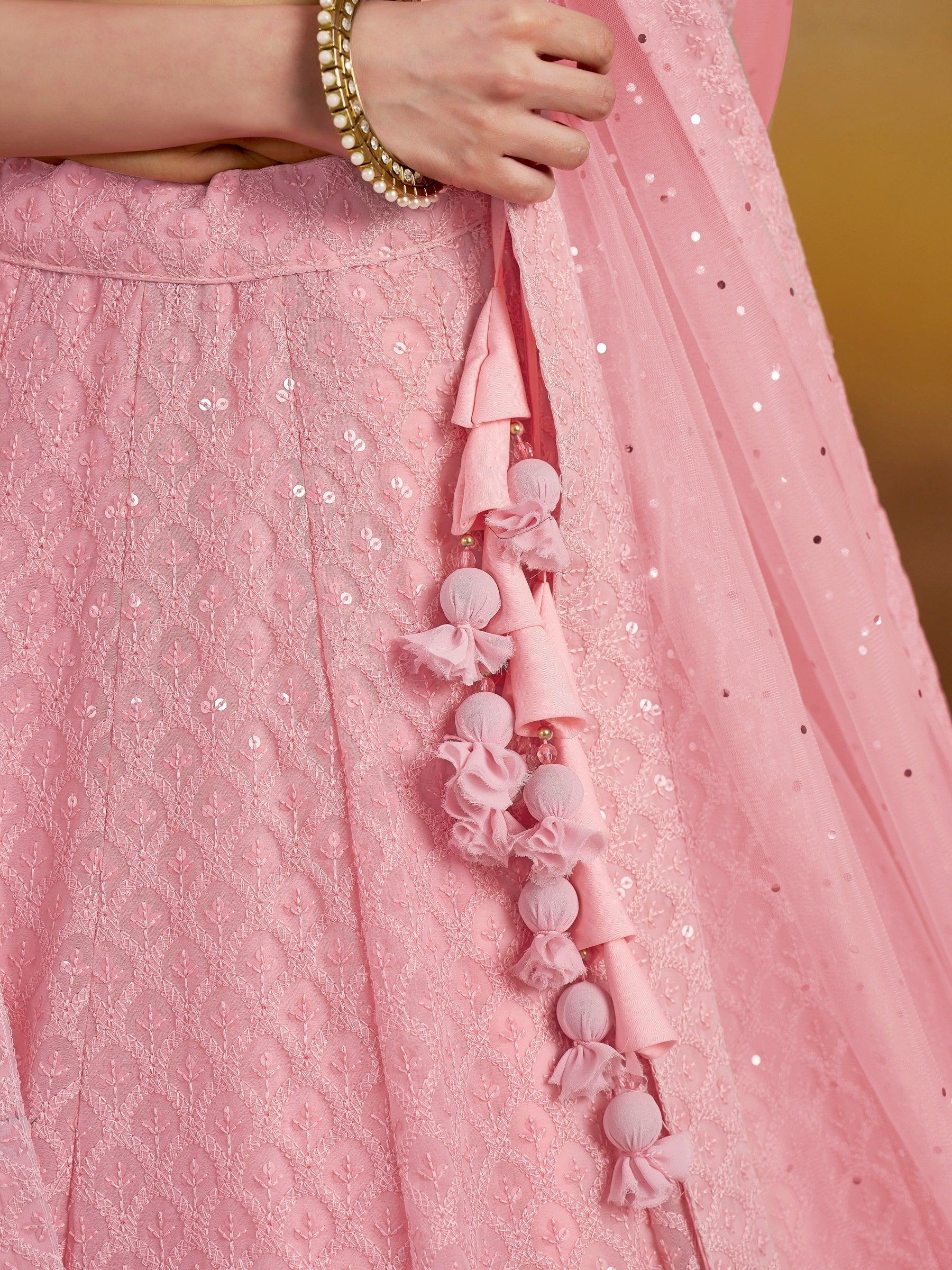 Pretty Pink Thread Work Georgette Bridesmaid Lehenga Choli With Dupatta