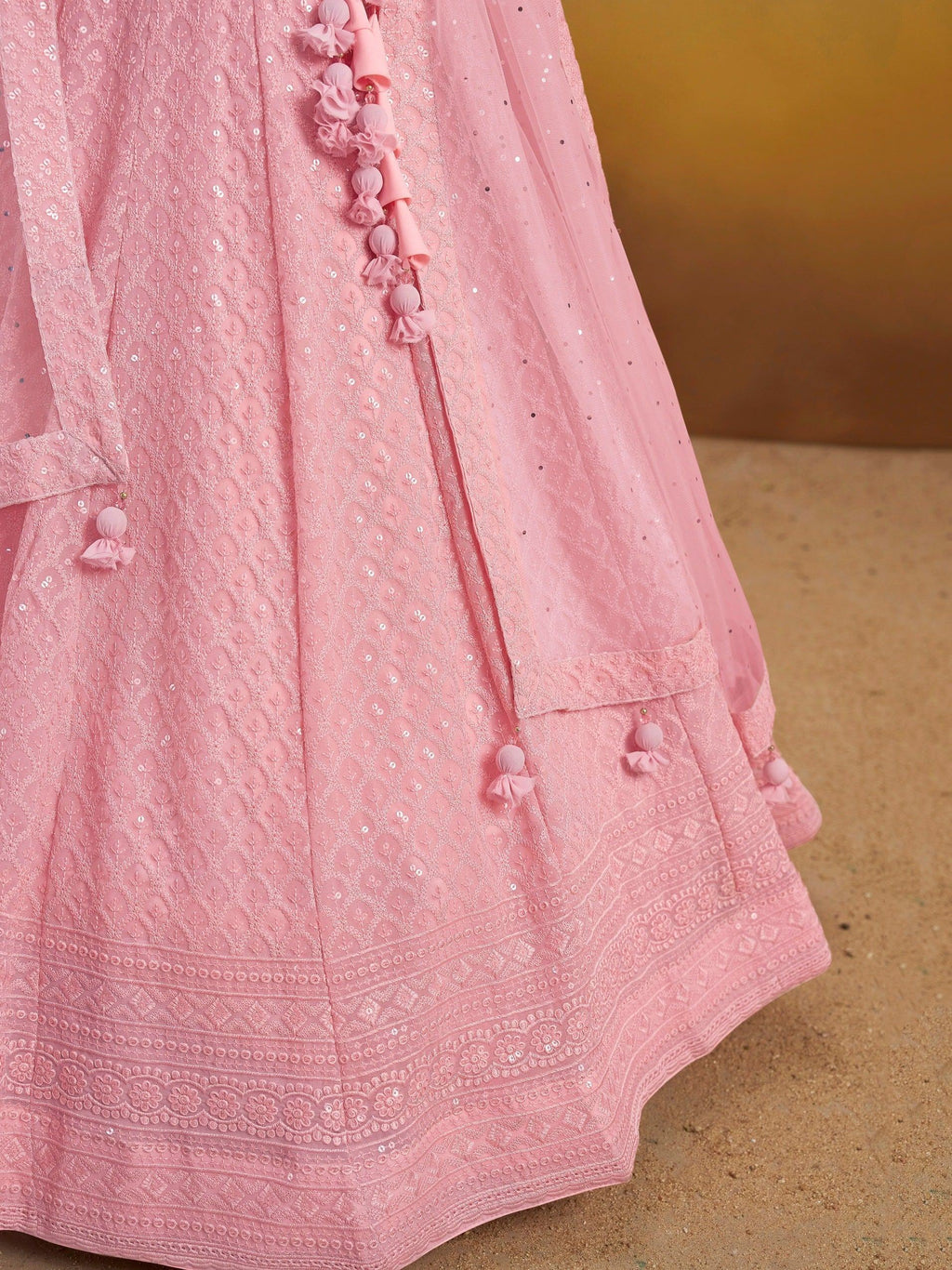 Pretty Pink Thread Work Georgette Bridesmaid Lehenga Choli With Dupatta