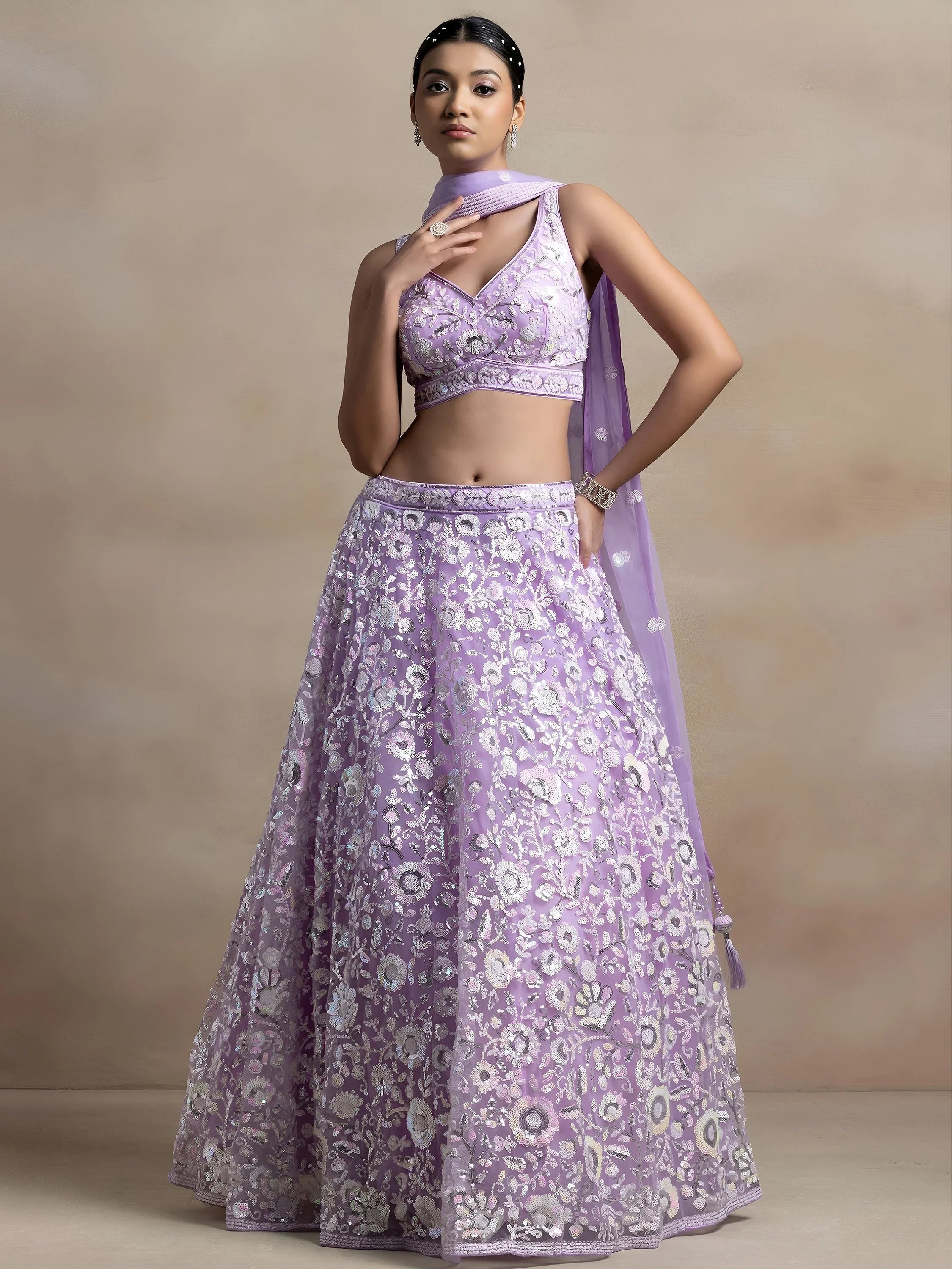 Lavender Attractive Sequins Net Designer Lehenga Choli With Dupatta