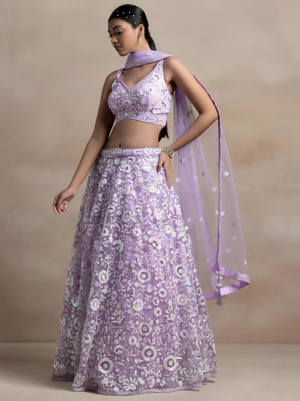 Lavender Attractive Sequins Net Designer Lehenga Choli With Dupatta