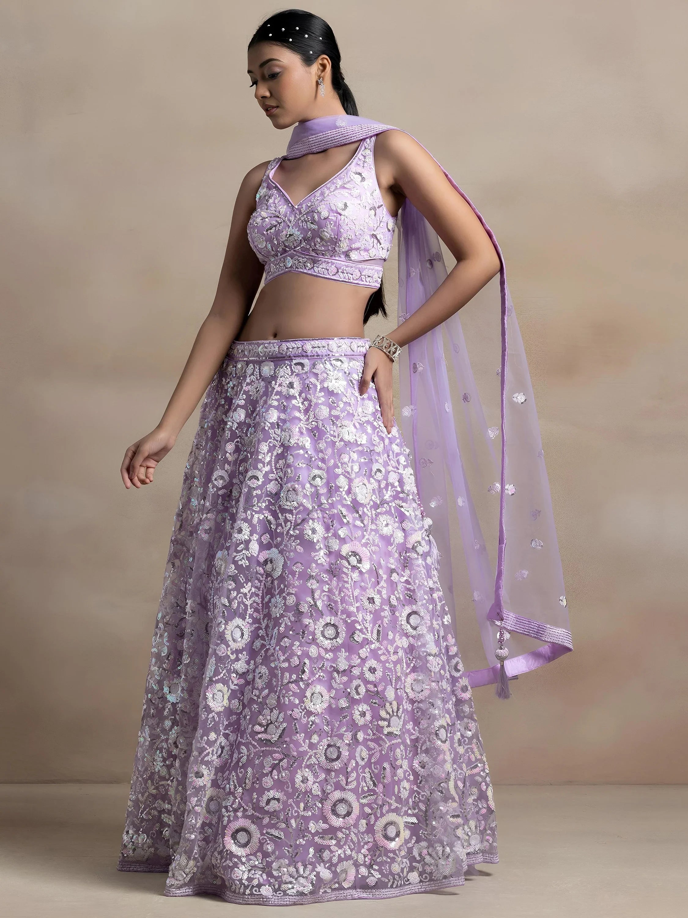 Lavender Attractive Sequins Net Designer Lehenga Choli With Dupatta