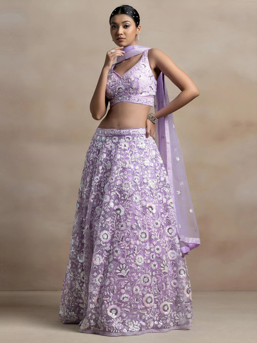 Lavender Attractive Sequins Net Designer Lehenga Choli With Dupatta