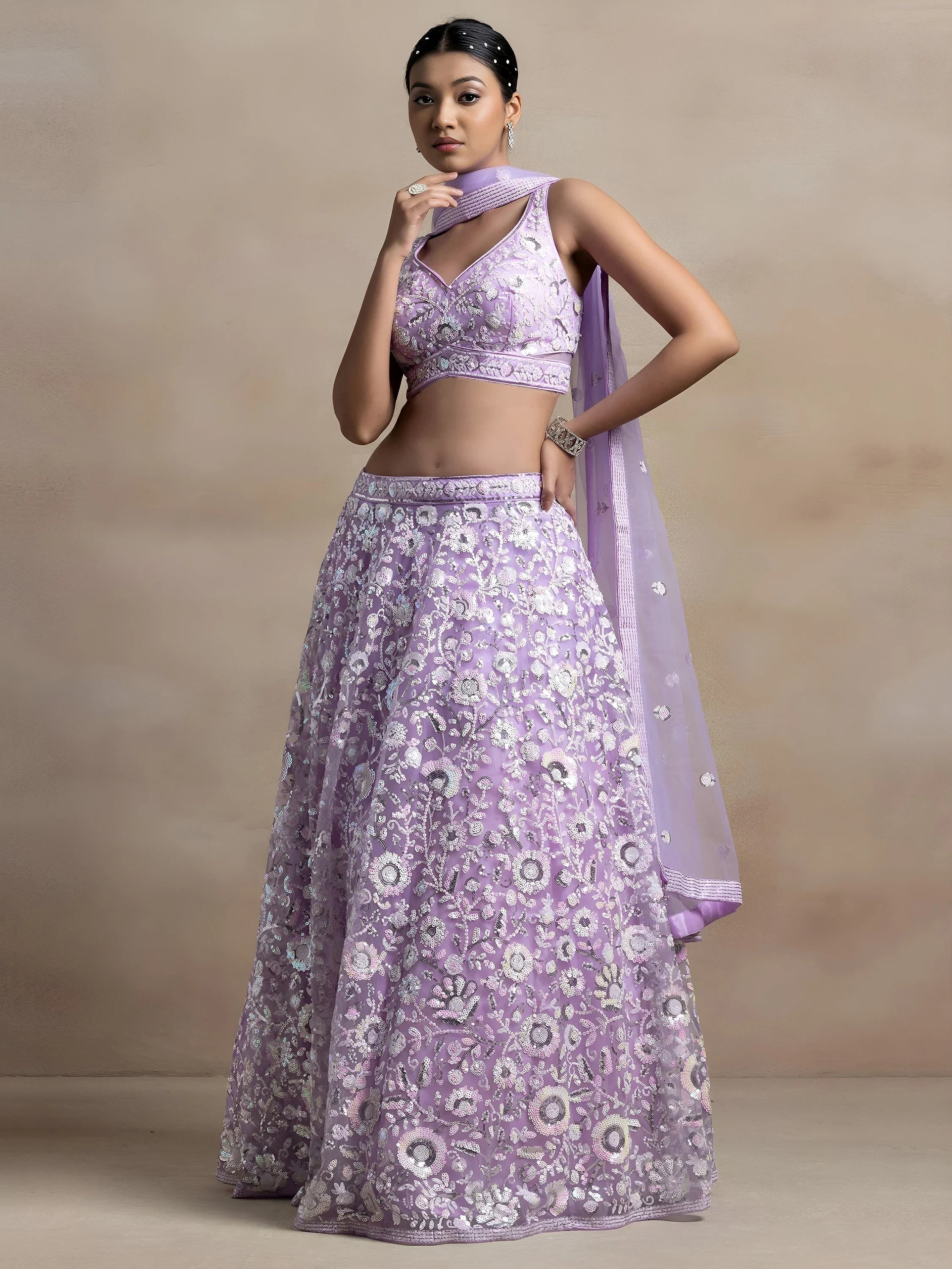 Lavender Attractive Sequins Net Designer Lehenga Choli With Dupatta