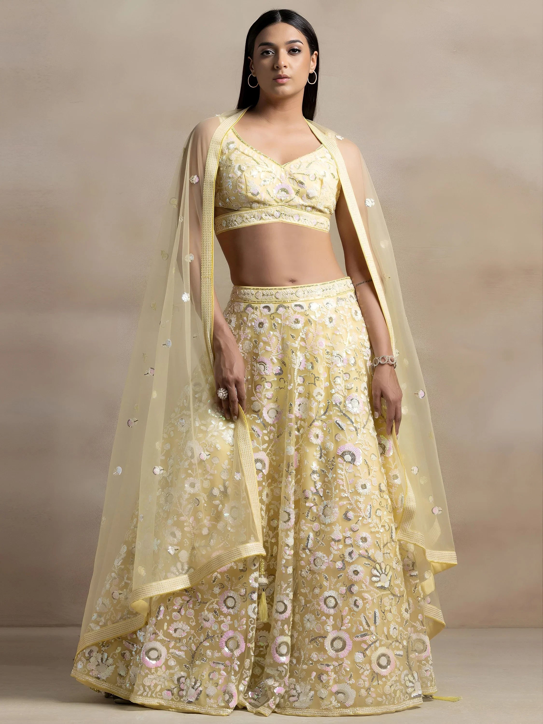 Yellow Attractive Sequins Net Designer Lehenga Choli With Dupatta