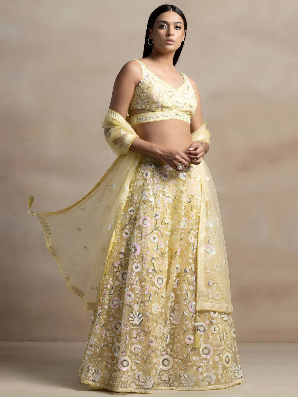 Yellow Attractive Sequins Net Designer Lehenga Choli With Dupatta