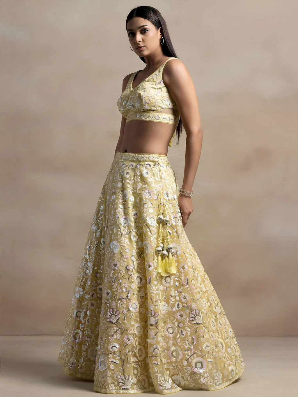 Yellow Attractive Sequins Net Designer Lehenga Choli With Dupatta