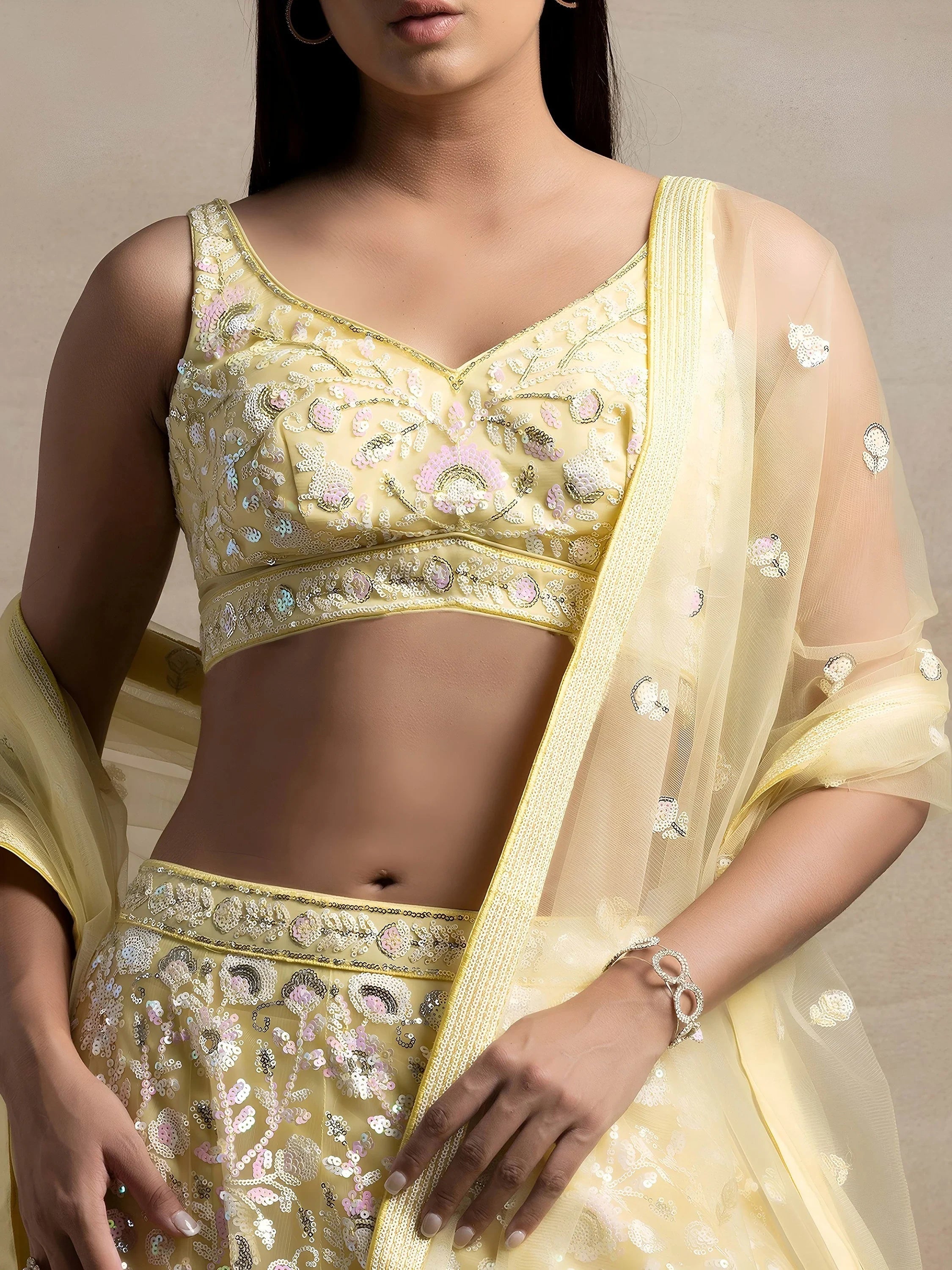 Yellow Attractive Sequins Net Designer Lehenga Choli With Dupatta