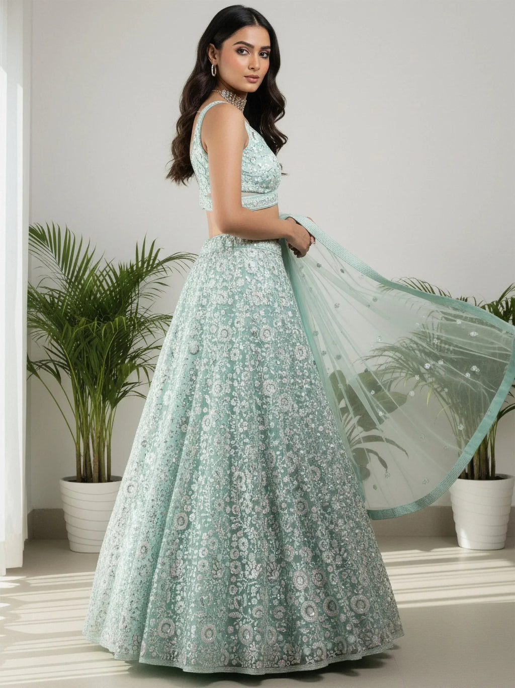 Green Attractive Sequins Net Designer Lehenga Choli With Dupatta