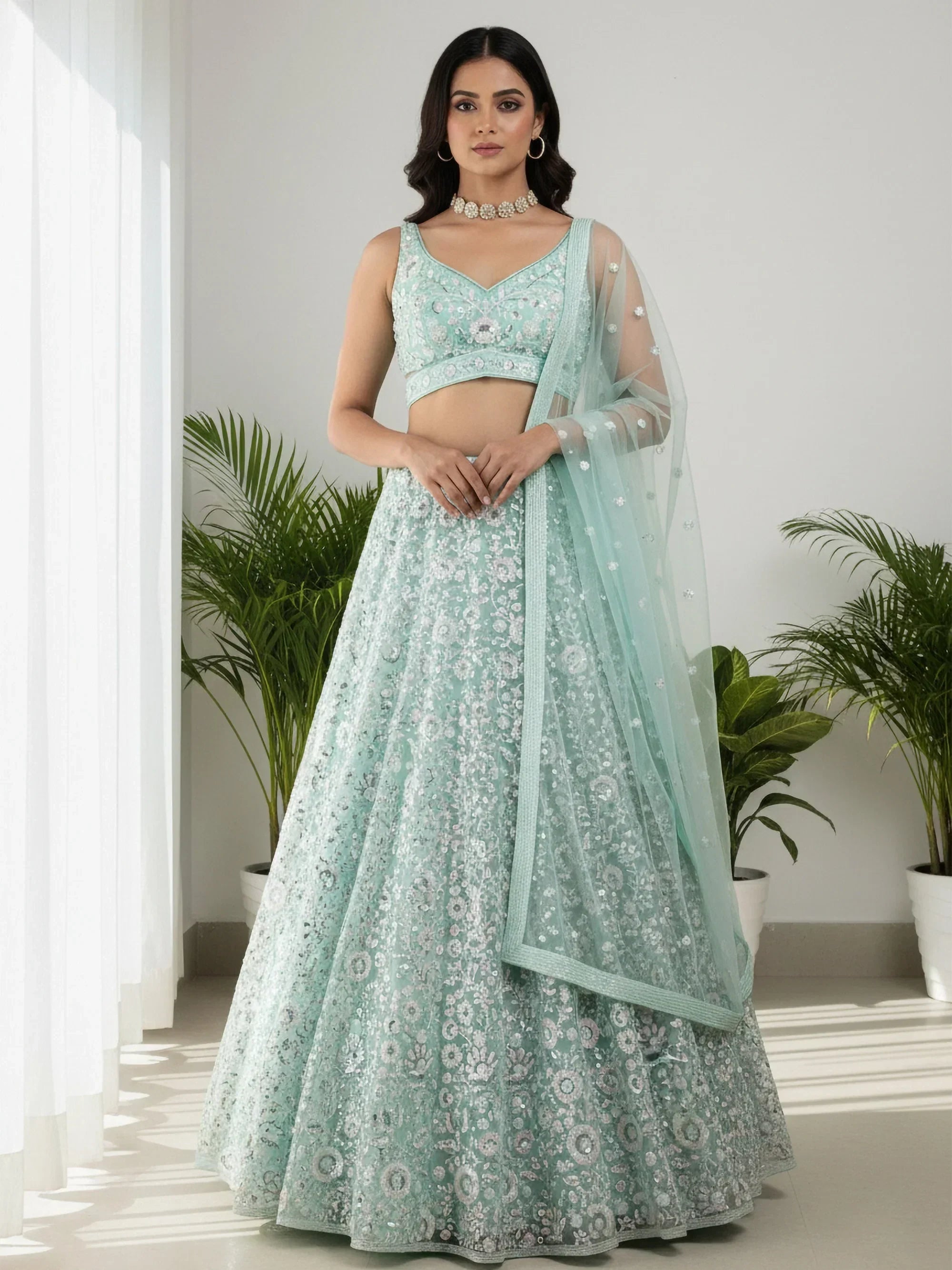 Green Attractive Sequins Net Designer Lehenga Choli With Dupatta