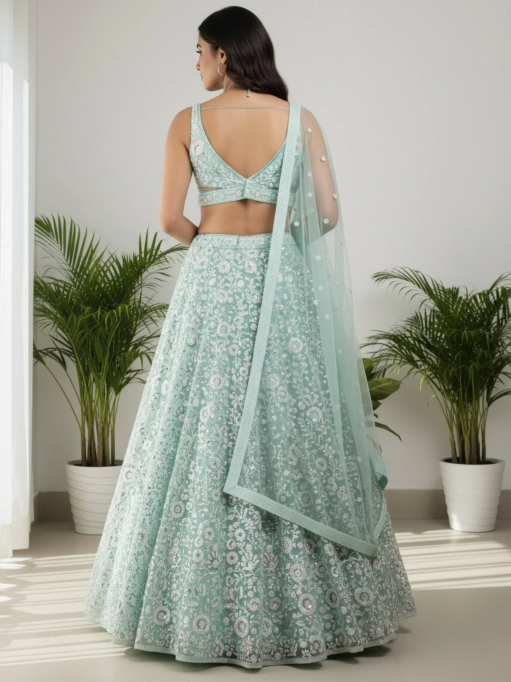 Green Attractive Sequins Net Designer Lehenga Choli With Dupatta