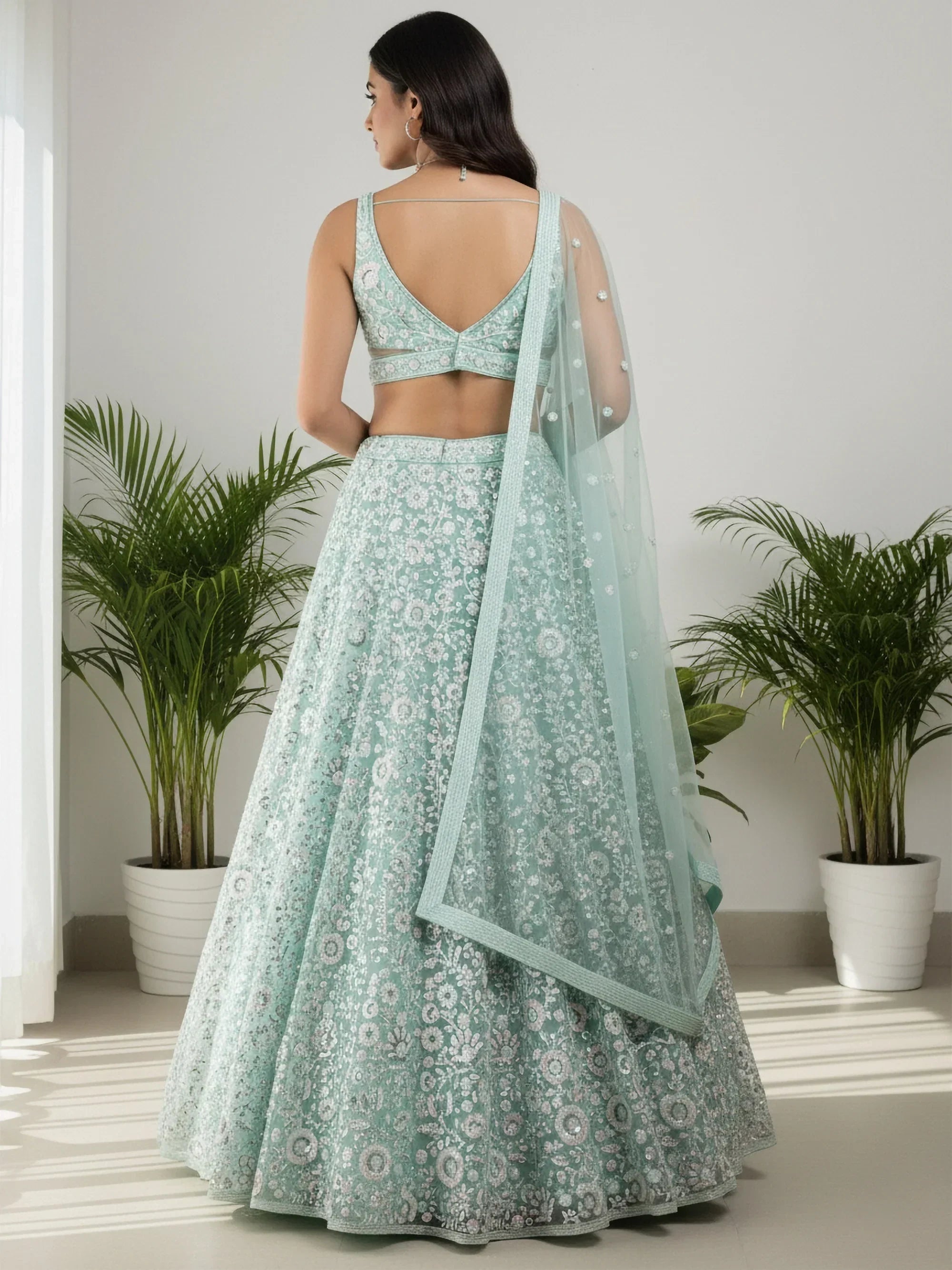 Green Attractive Sequins Net Designer Lehenga Choli With Dupatta