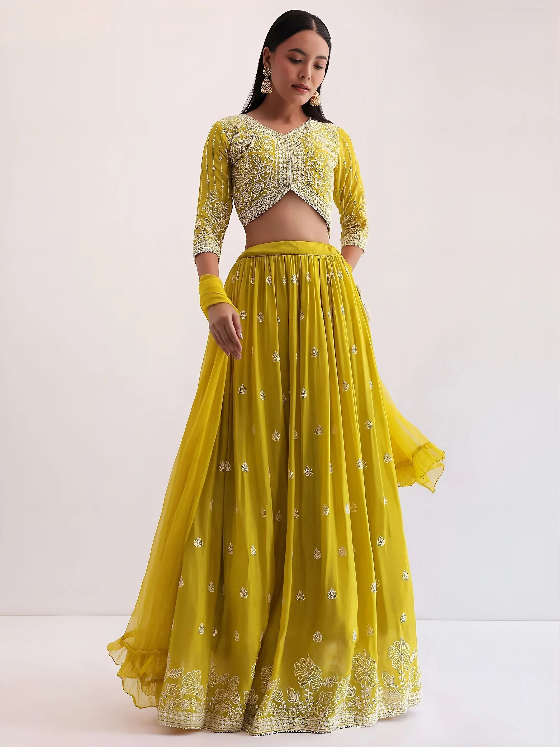 Yellow Attractive Thread Embroidered Georgette Event Wear Lehenga Choli