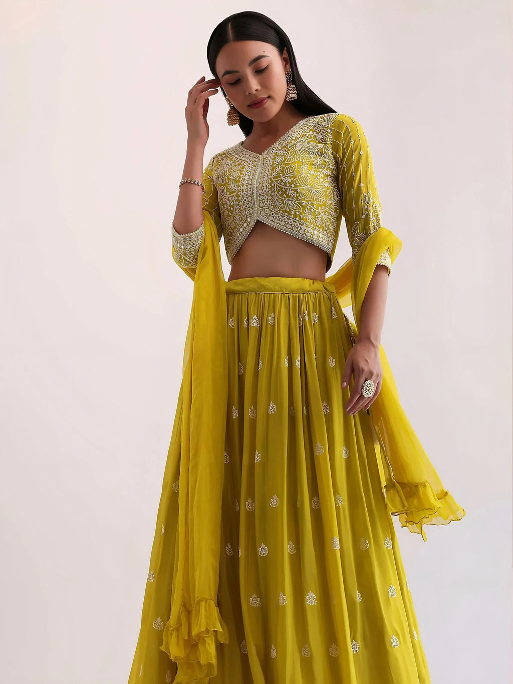 Yellow Attractive Thread Embroidered Georgette Event Wear Lehenga Choli