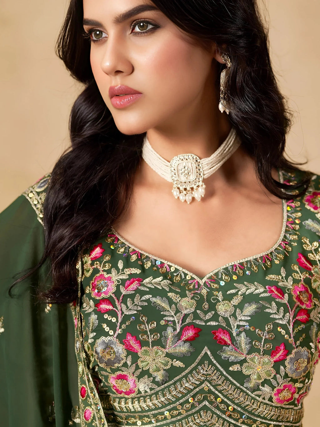 Beautiful Green Zari Embroidered Georgette Mehendi Wear Lehenga Choli