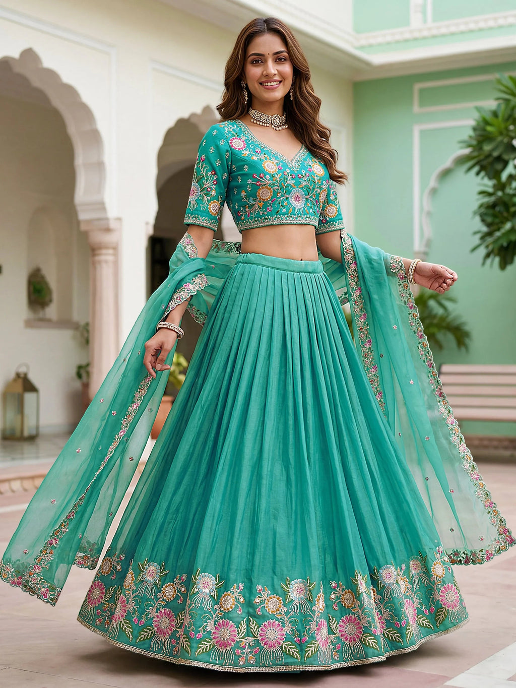 Sea Green Beautiful Organza Zari Weaving Engagement Wear Lehenga Choli