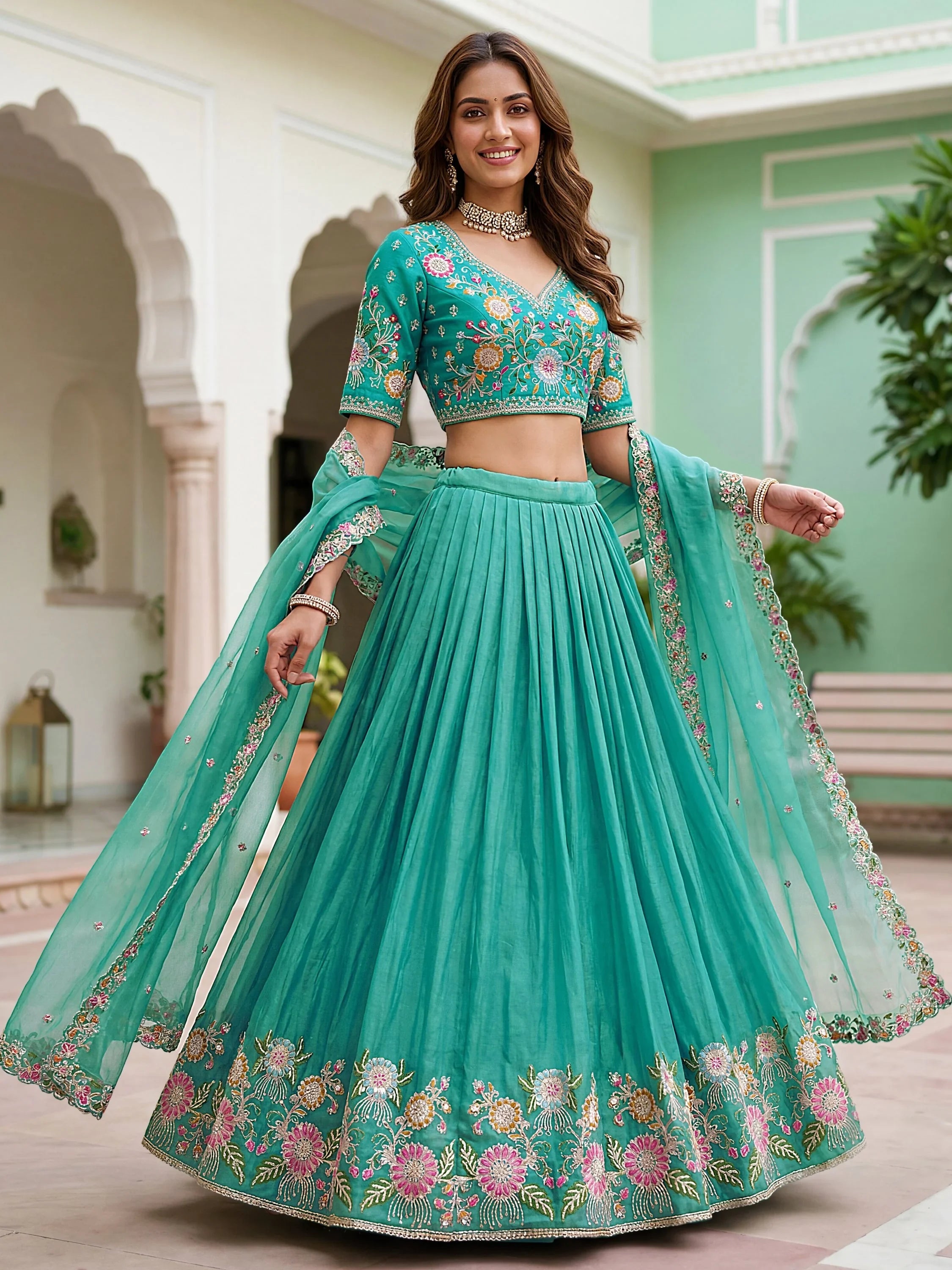Sea Green Beautiful Organza Zari Weaving Engagement Wear Lehenga Choli