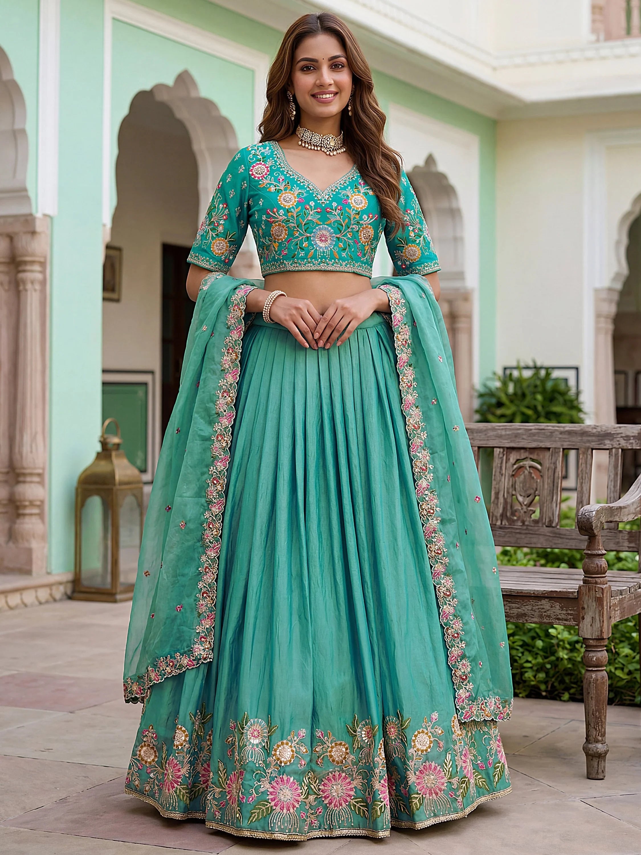 Sea Green Beautiful Organza Zari Weaving Engagement Wear Lehenga Choli