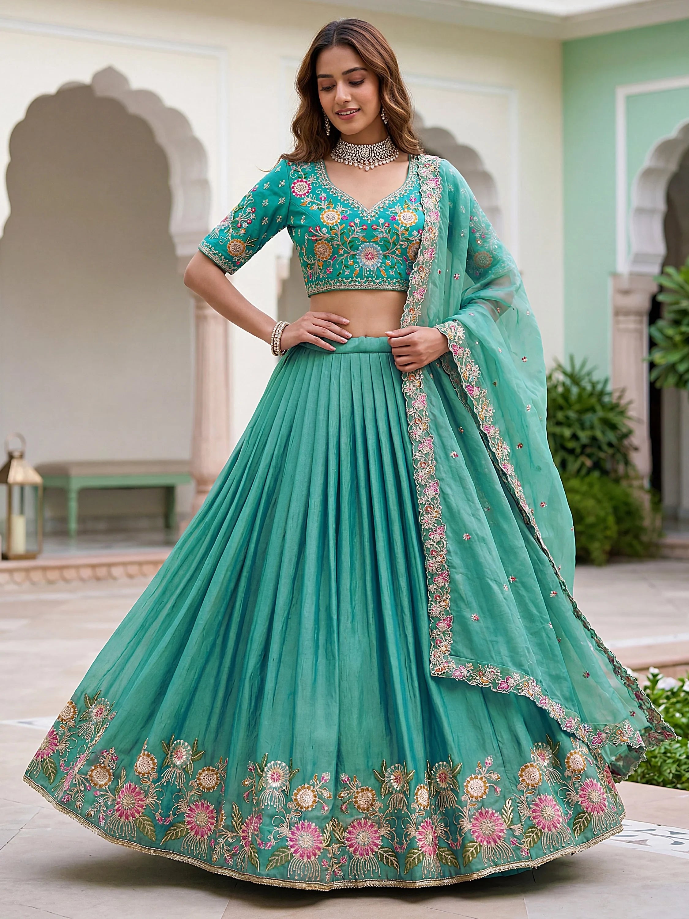 Sea Green Beautiful Organza Zari Weaving Engagement Wear Lehenga Choli