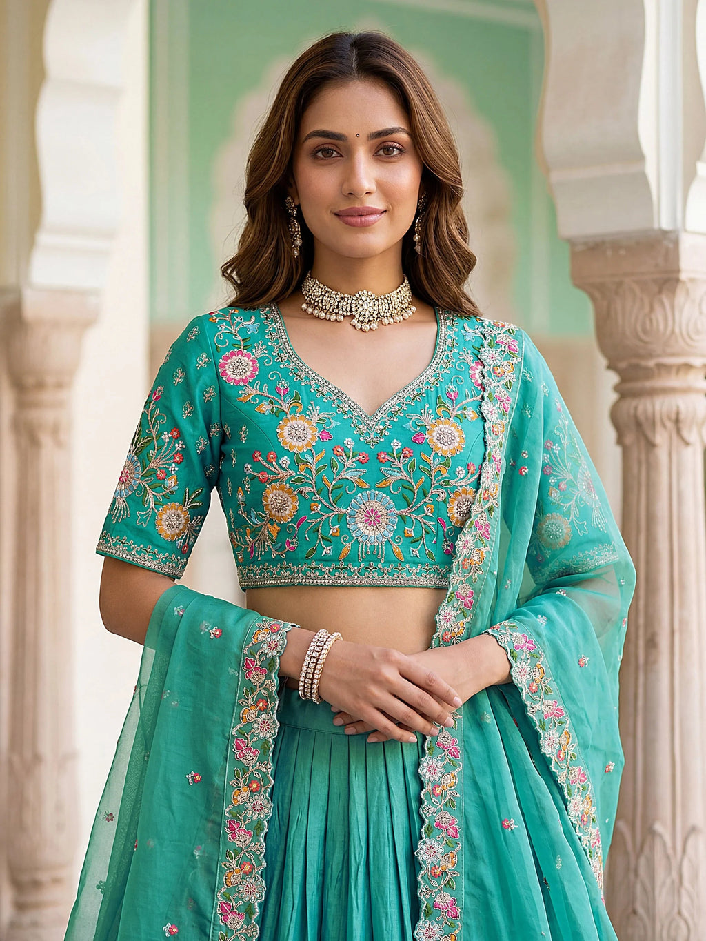 Sea Green Beautiful Organza Zari Weaving Engagement Wear Lehenga Choli