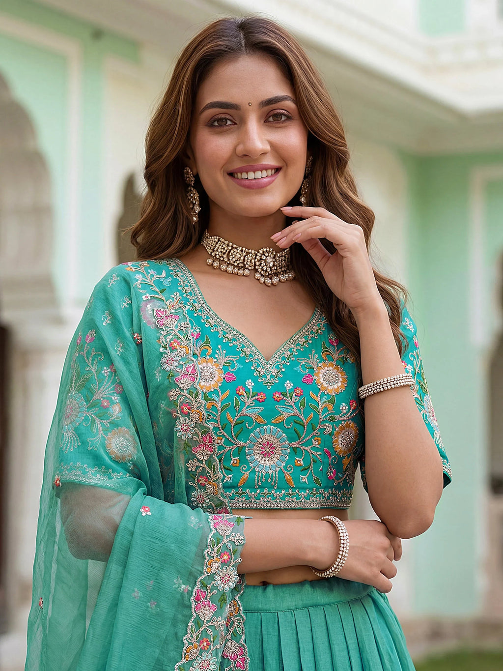 Sea Green Beautiful Organza Zari Weaving Engagement Wear Lehenga Choli