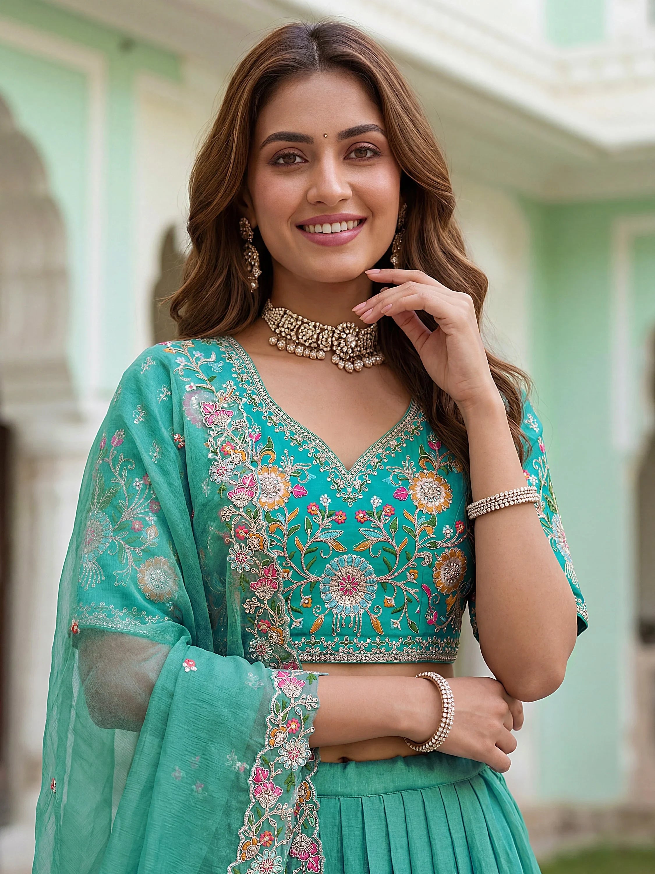 Sea Green Beautiful Organza Zari Weaving Engagement Wear Lehenga Choli