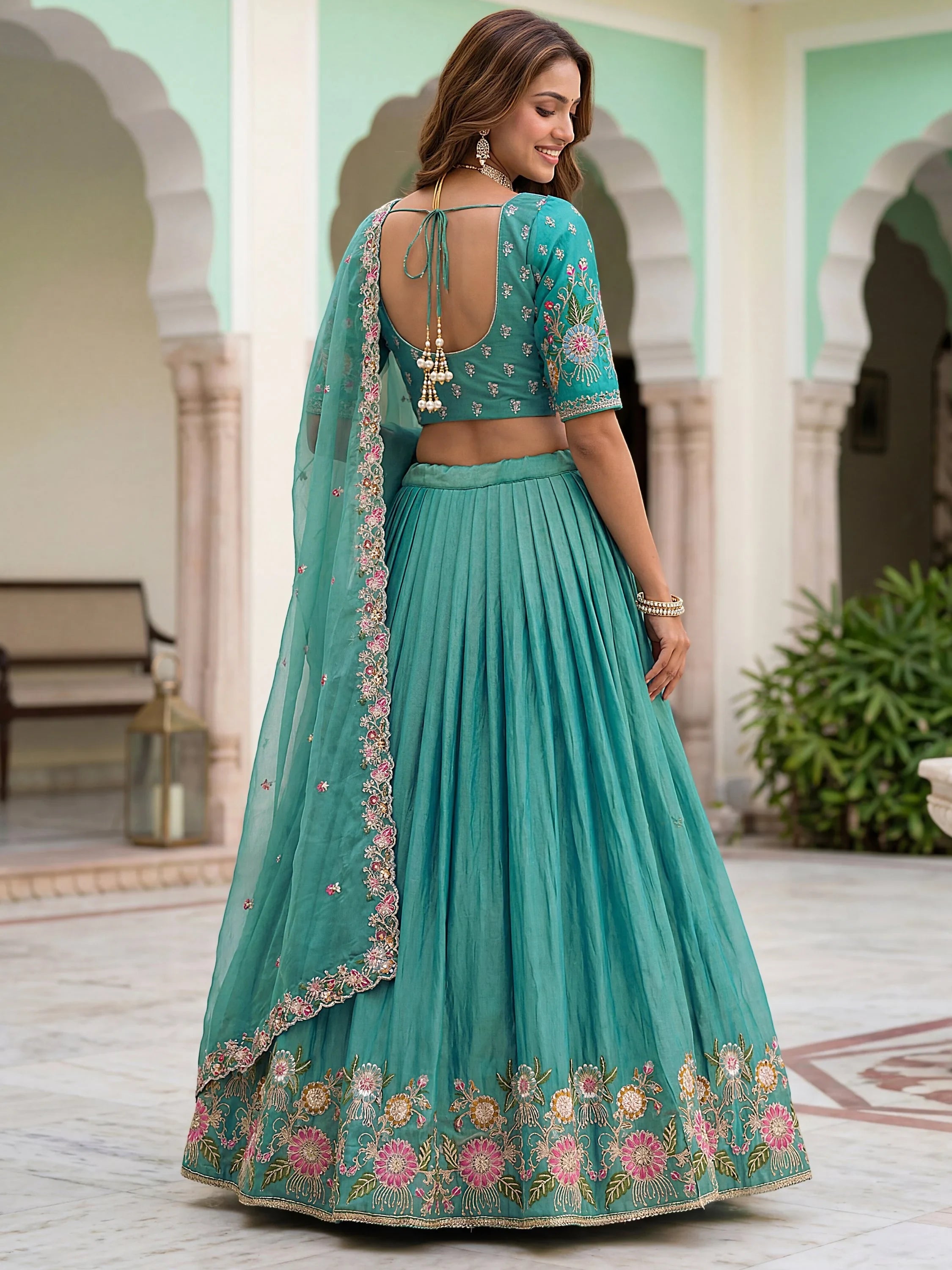 Sea Green Beautiful Organza Zari Weaving Engagement Wear Lehenga Choli