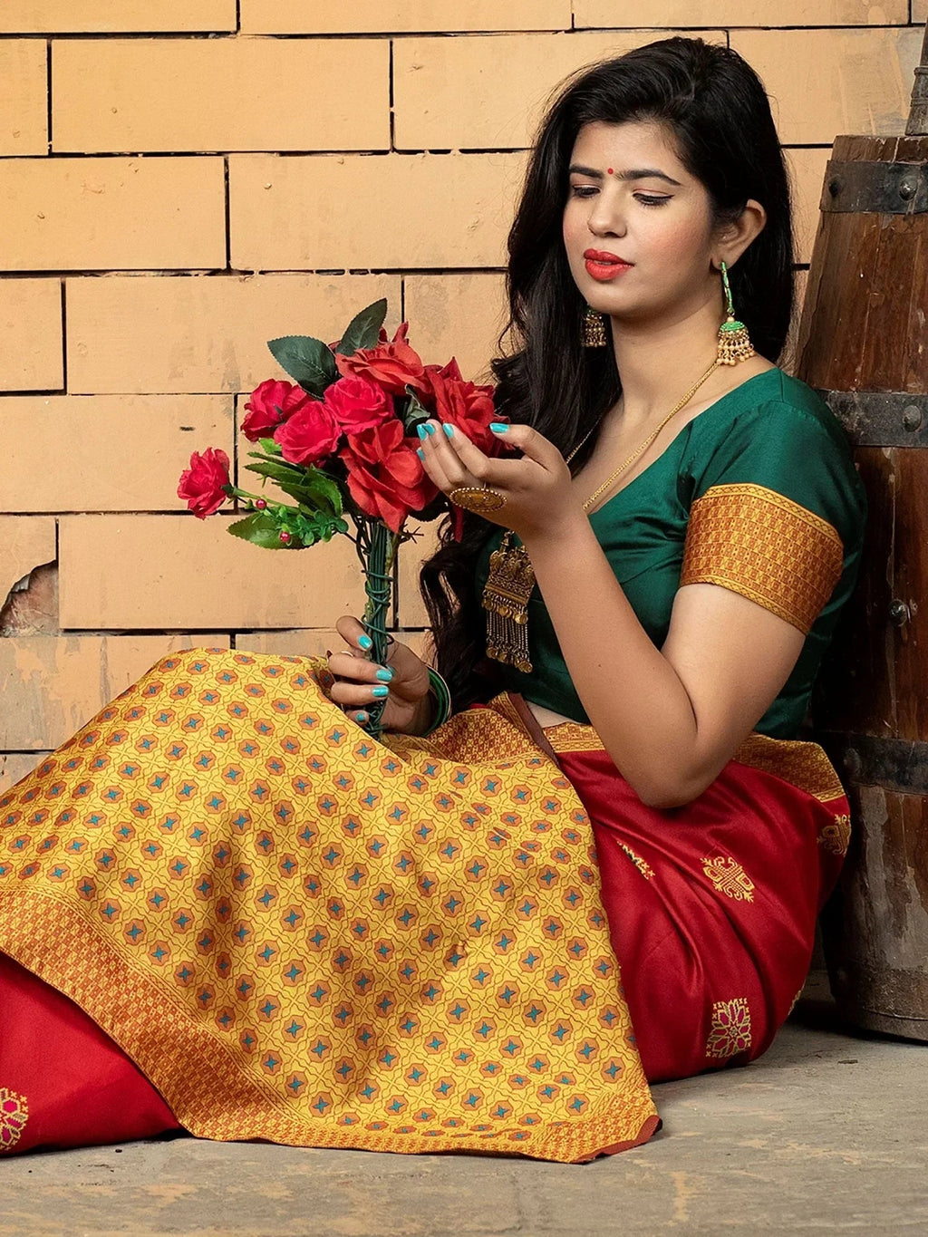 Beautiful Red Zari Weaving Banarasi Silk Festival Saree With Blouse