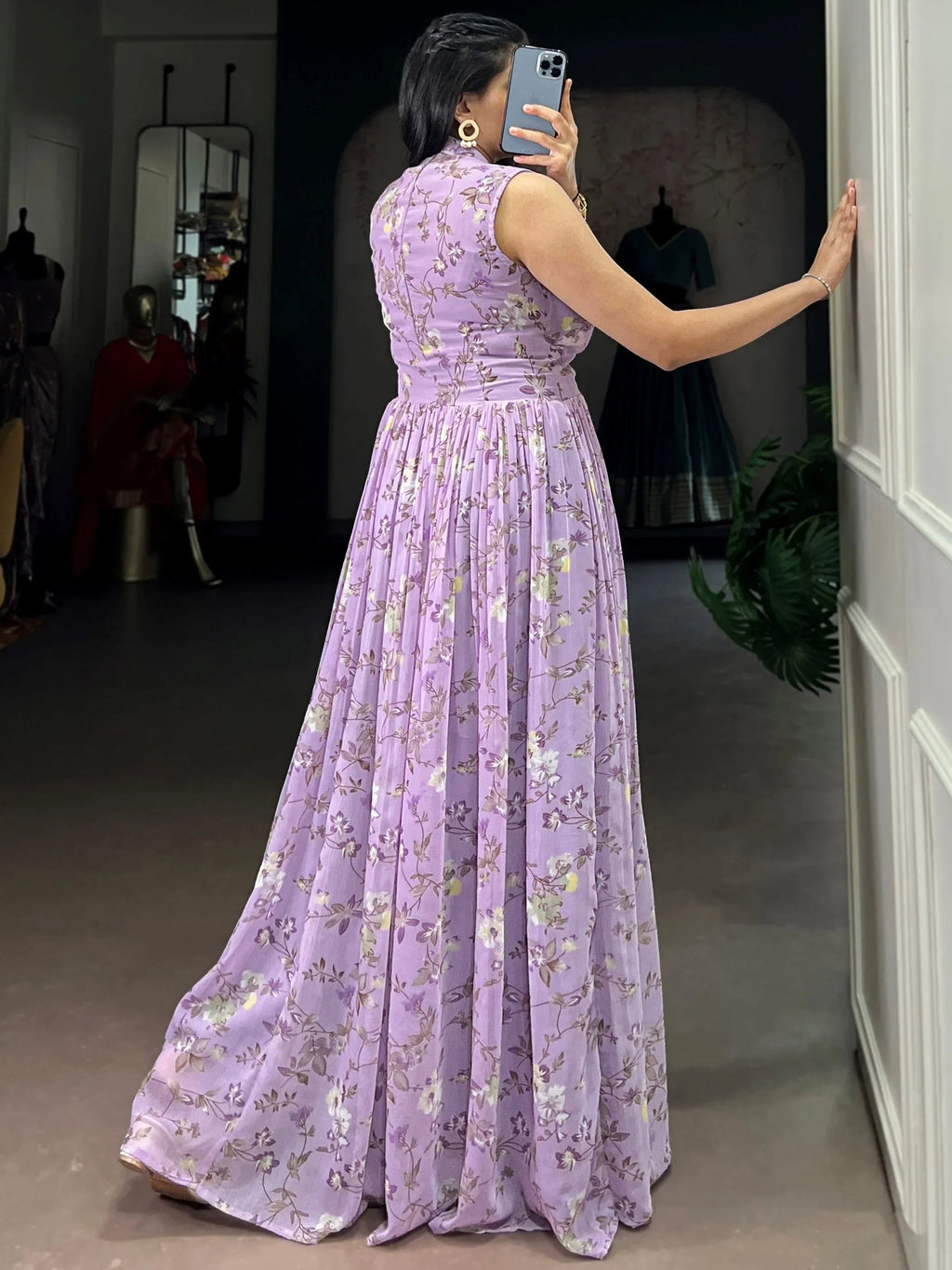 Lavender Graceful Floral Printed Georgette Casual Party Wear Dress