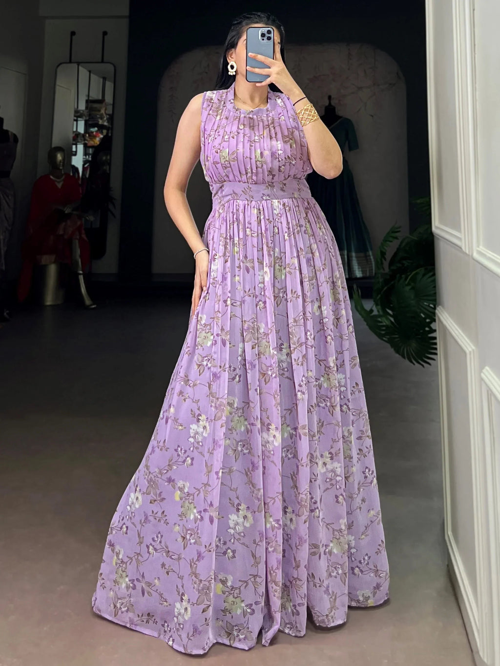 Lavender Graceful Floral Printed Georgette Casual Party Wear Dress