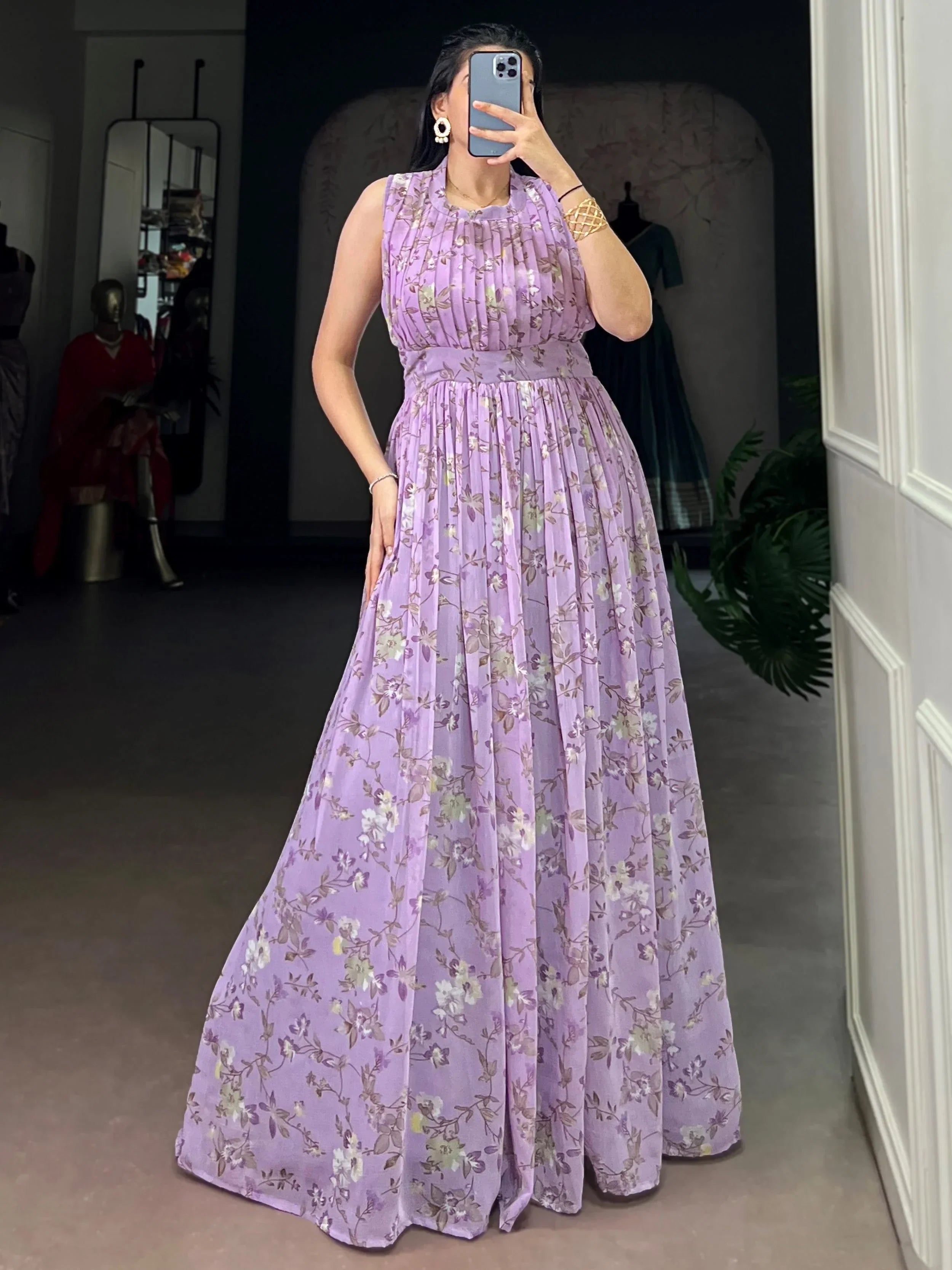 Lavender Graceful Floral Printed Georgette Casual Party Wear Dress