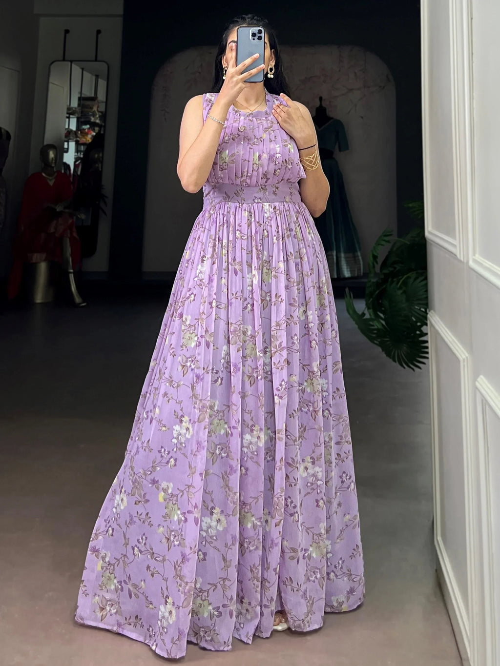 Lavender Graceful Floral Printed Georgette Casual Party Wear Dress
