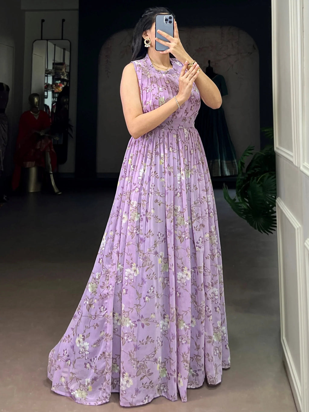 Lavender Graceful Floral Printed Georgette Casual Party Wear Dress