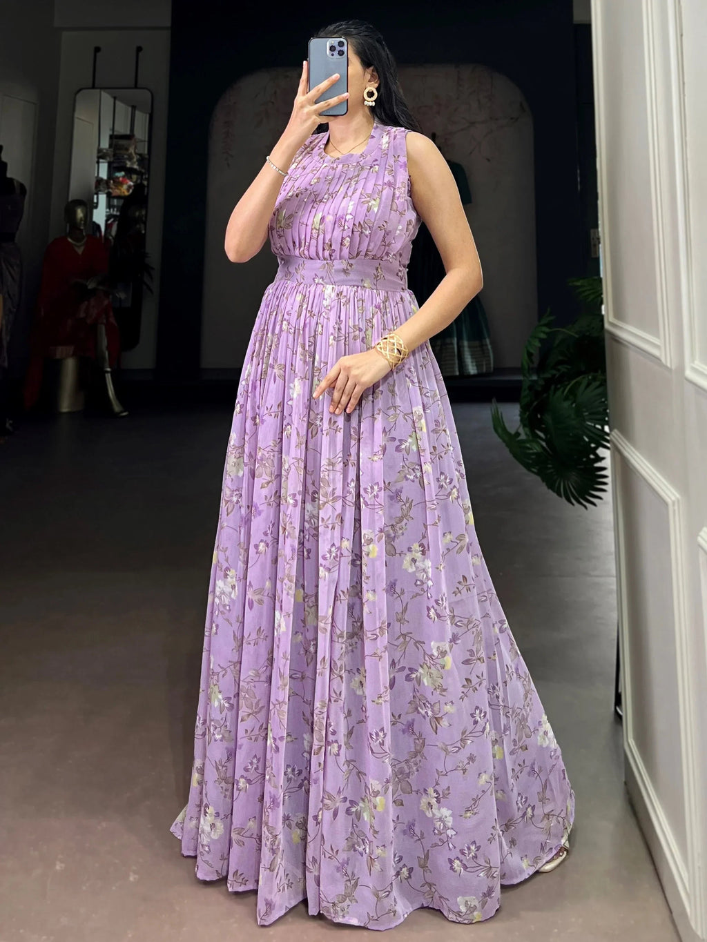 Lavender Graceful Floral Printed Georgette Casual Party Wear Dress