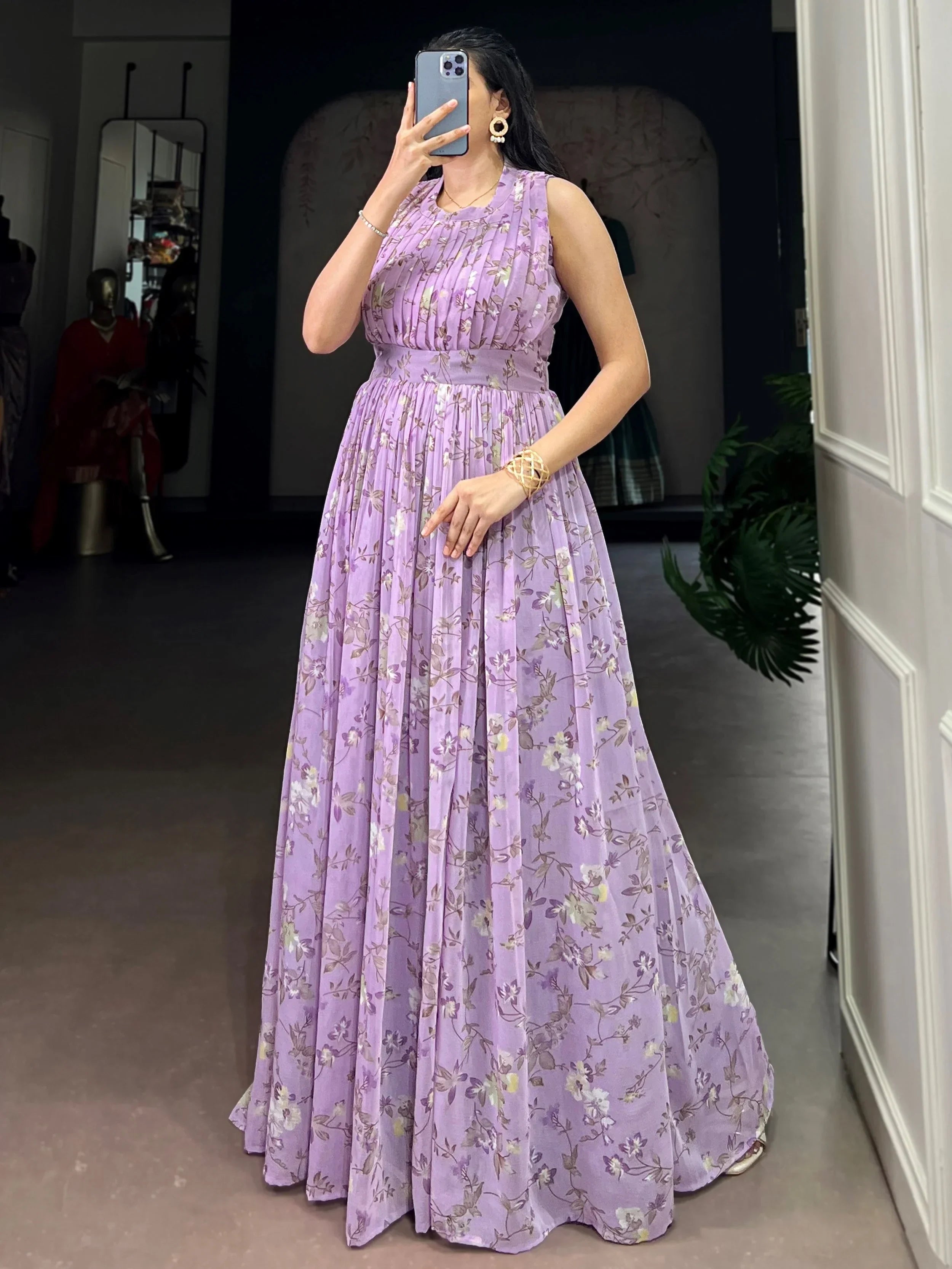 Lavender Graceful Floral Printed Georgette Casual Party Wear Dress